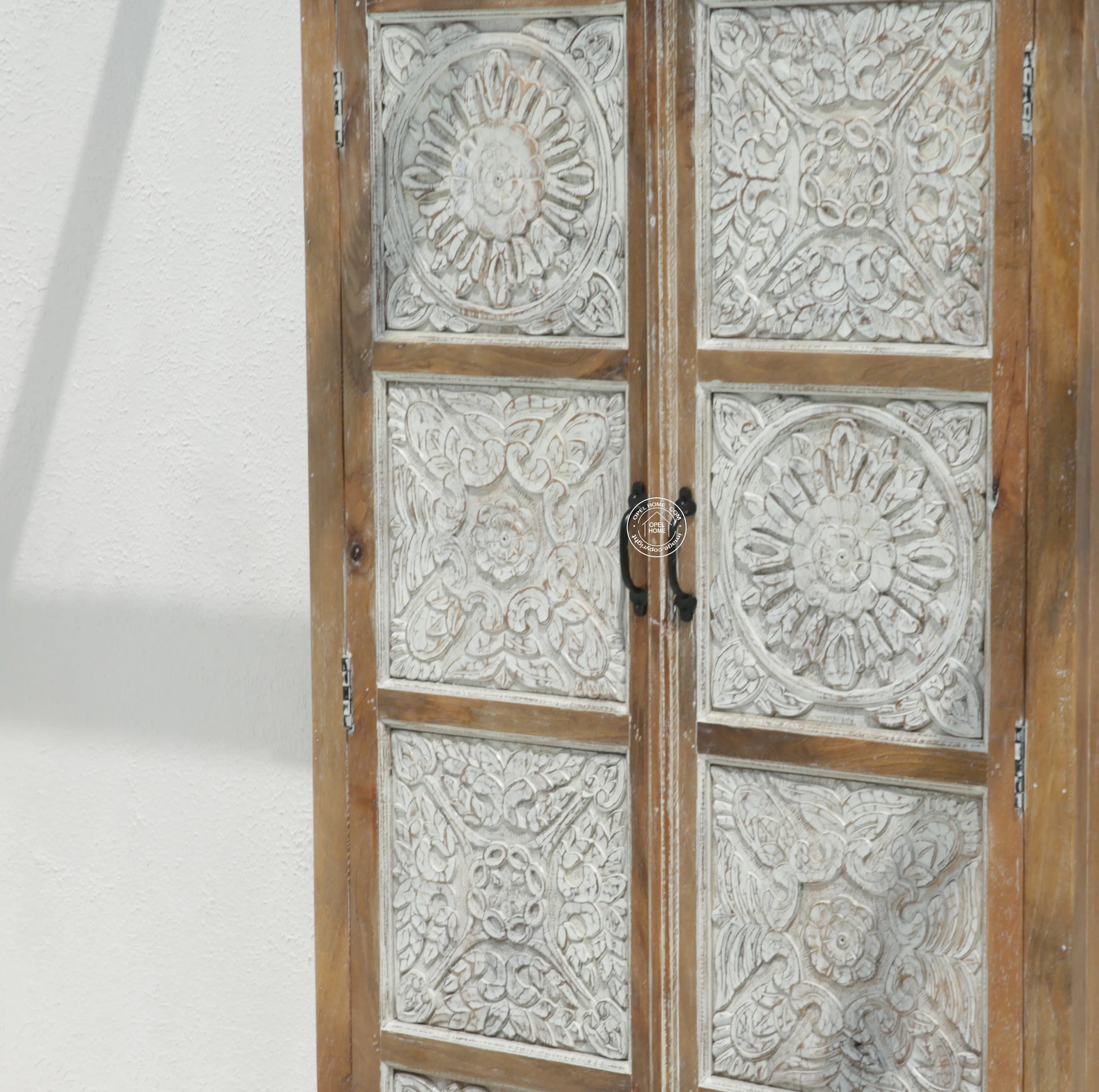 Jenna Wooden 2 Door Carved Closet – Solid Mango Wood, Walnut + White Finish | Opelhome UAE - Opelhome