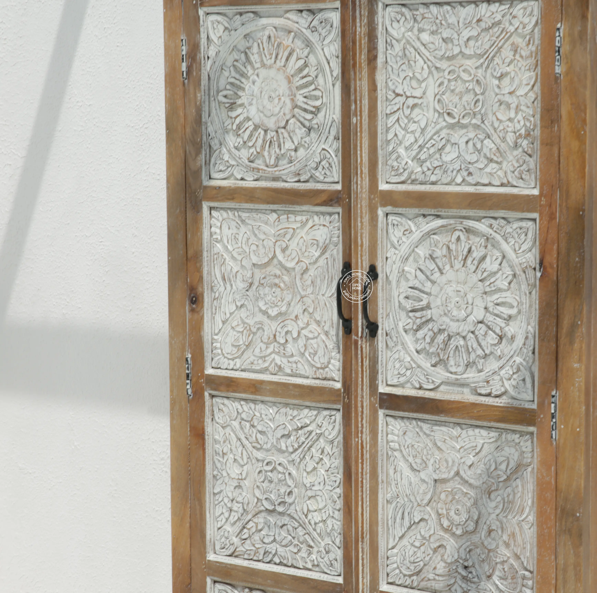 Jenna Wooden 2 Door Carved Closet – Solid Mango Wood, Walnut + White Finish | Opelhome UAE - Opelhome