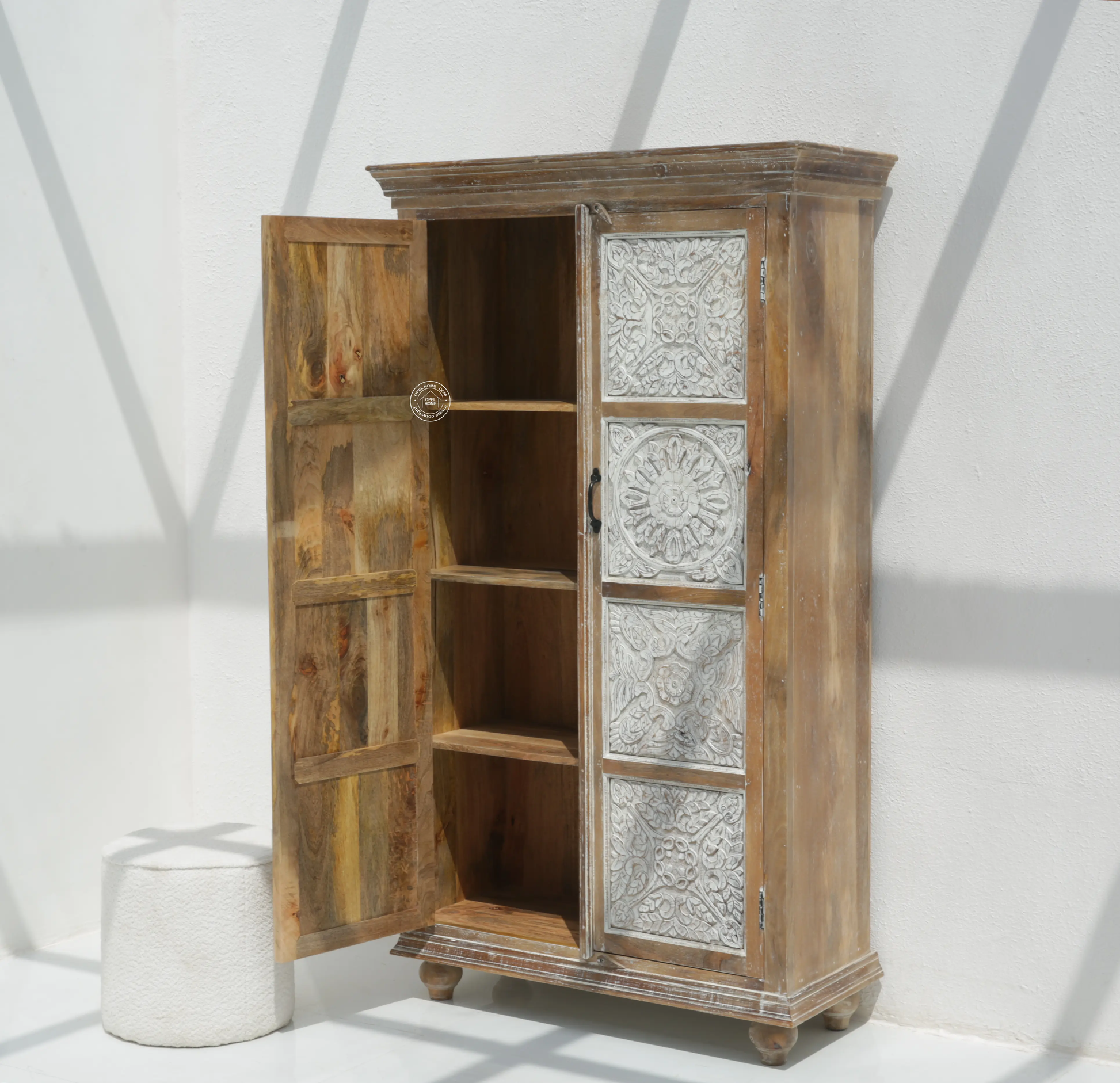 Jenna Wooden 2 Door Carved Closet – Solid Mango Wood, Walnut + White Finish | Opelhome UAE - Opelhome