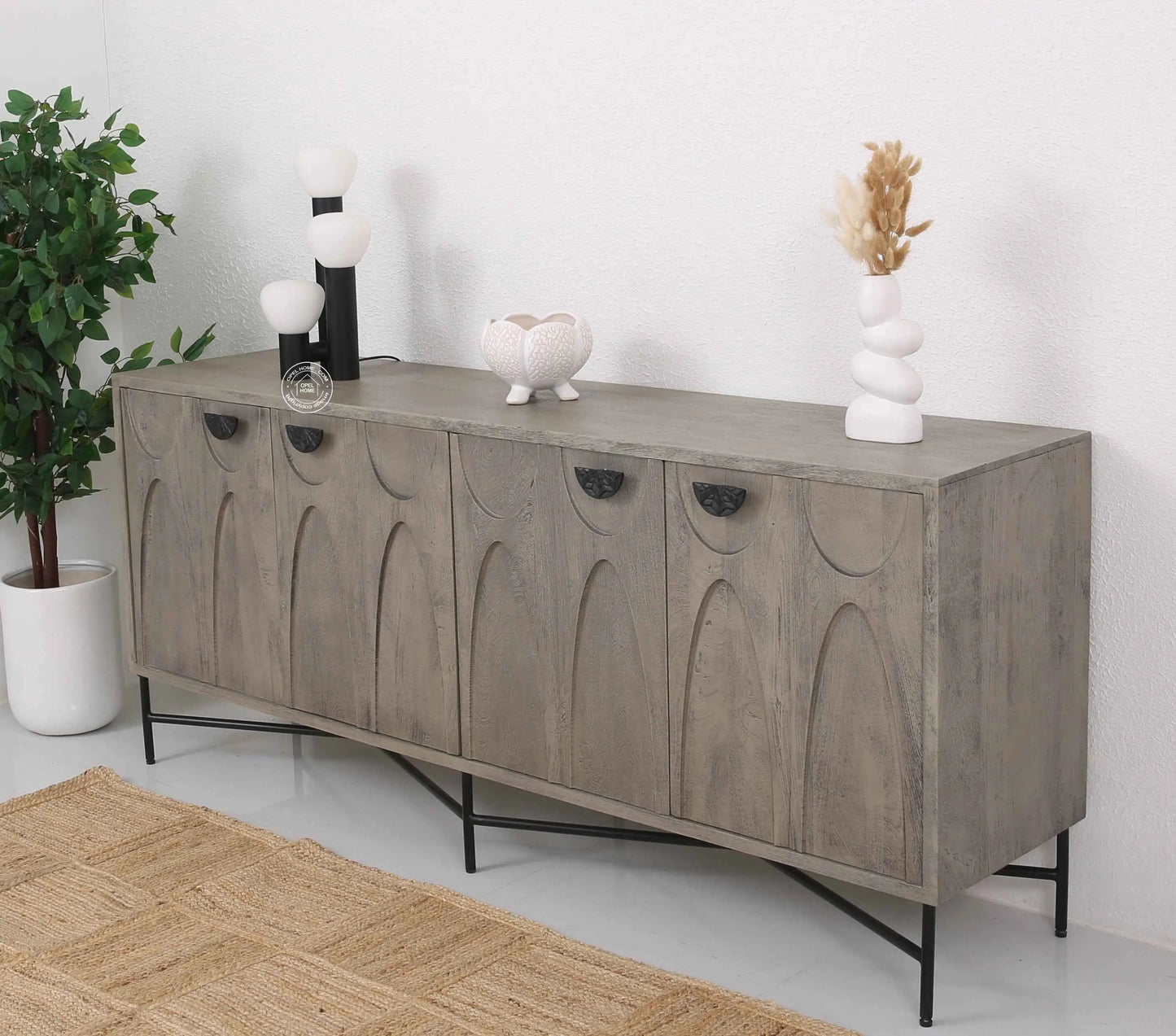 Jorell Wooden Sideboard – 4 Doors, Solid Mango Wood, Grey Finish | Opelhome UAE