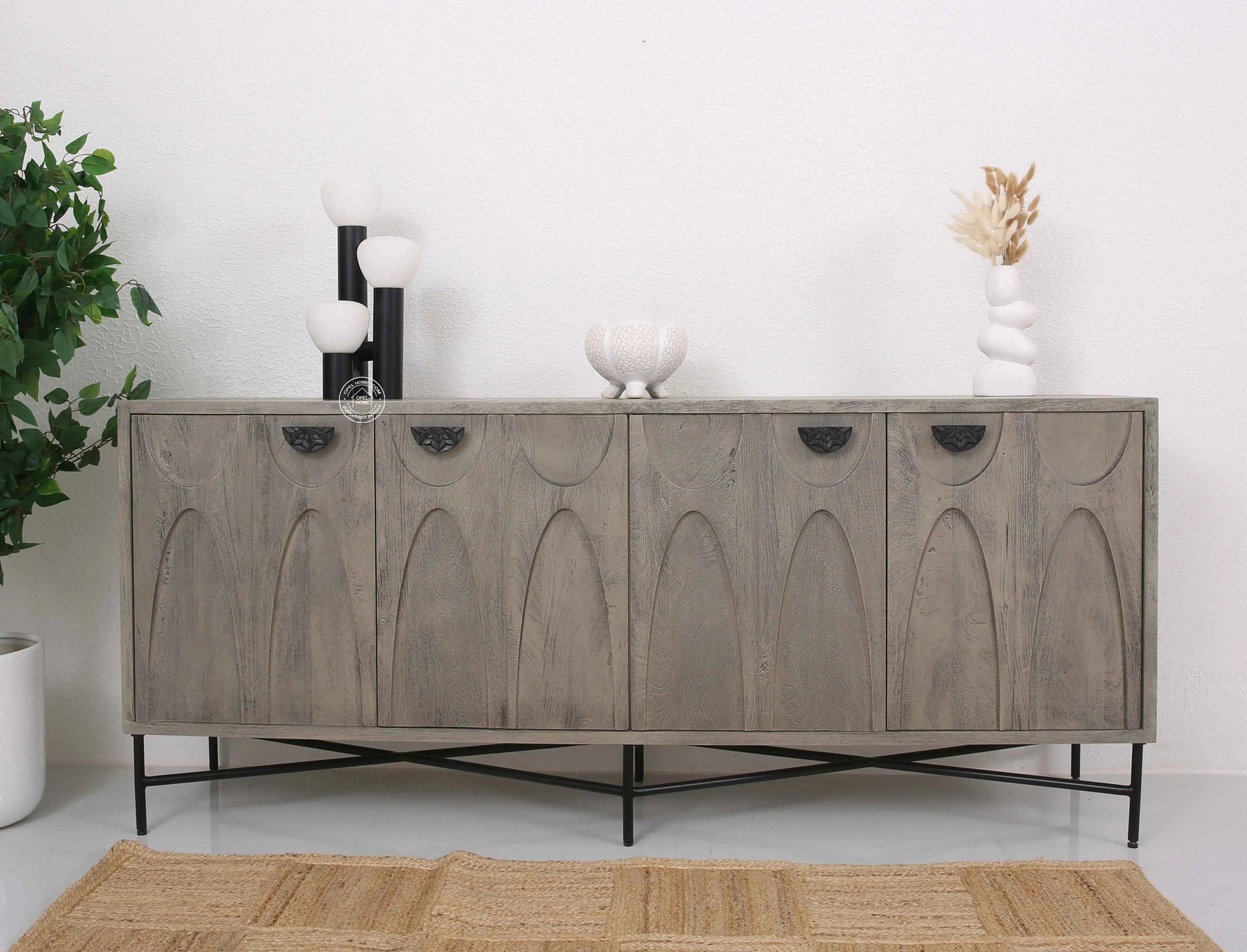 Jorell Wooden Sideboard – 4 Doors, Solid Mango Wood, Grey Finish | Opelhome UAE