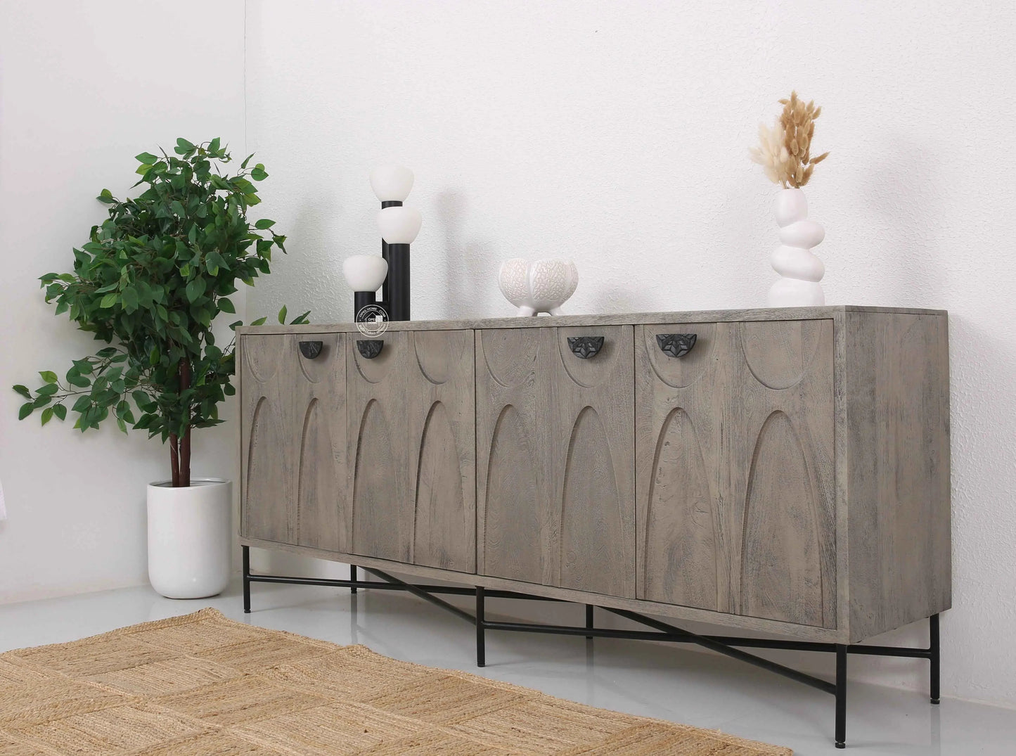 Jorell Wooden Sideboard – 4 Doors, Solid Mango Wood, Grey Finish | Opelhome UAE