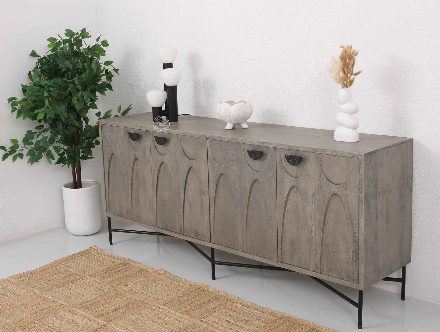 Jorell Wooden Sideboard – 4 Doors, Solid Mango Wood, Grey Finish | Opelhome UAE