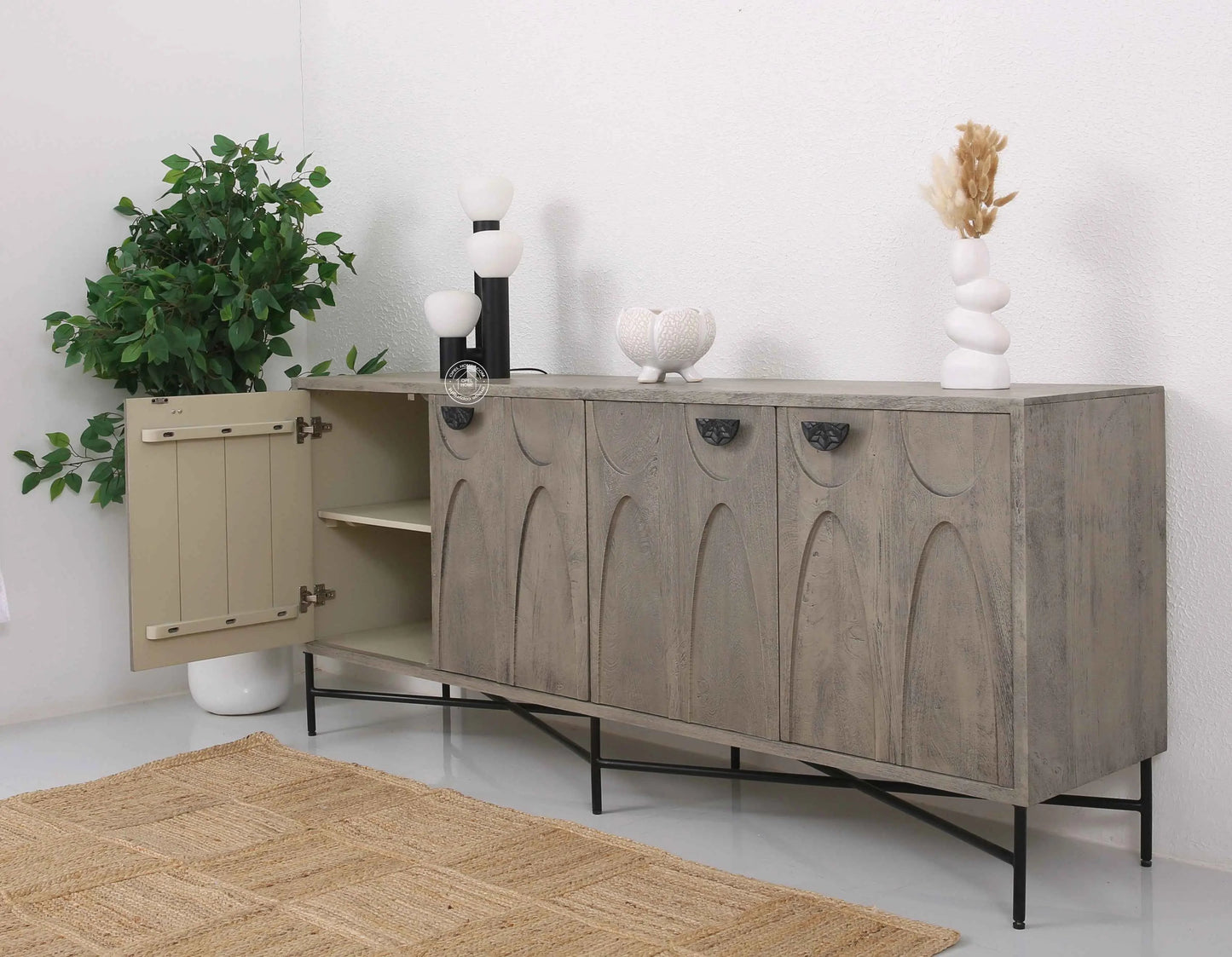 Jorell Wooden Sideboard – 4 Doors, Solid Mango Wood, Grey Finish | Opelhome UAE