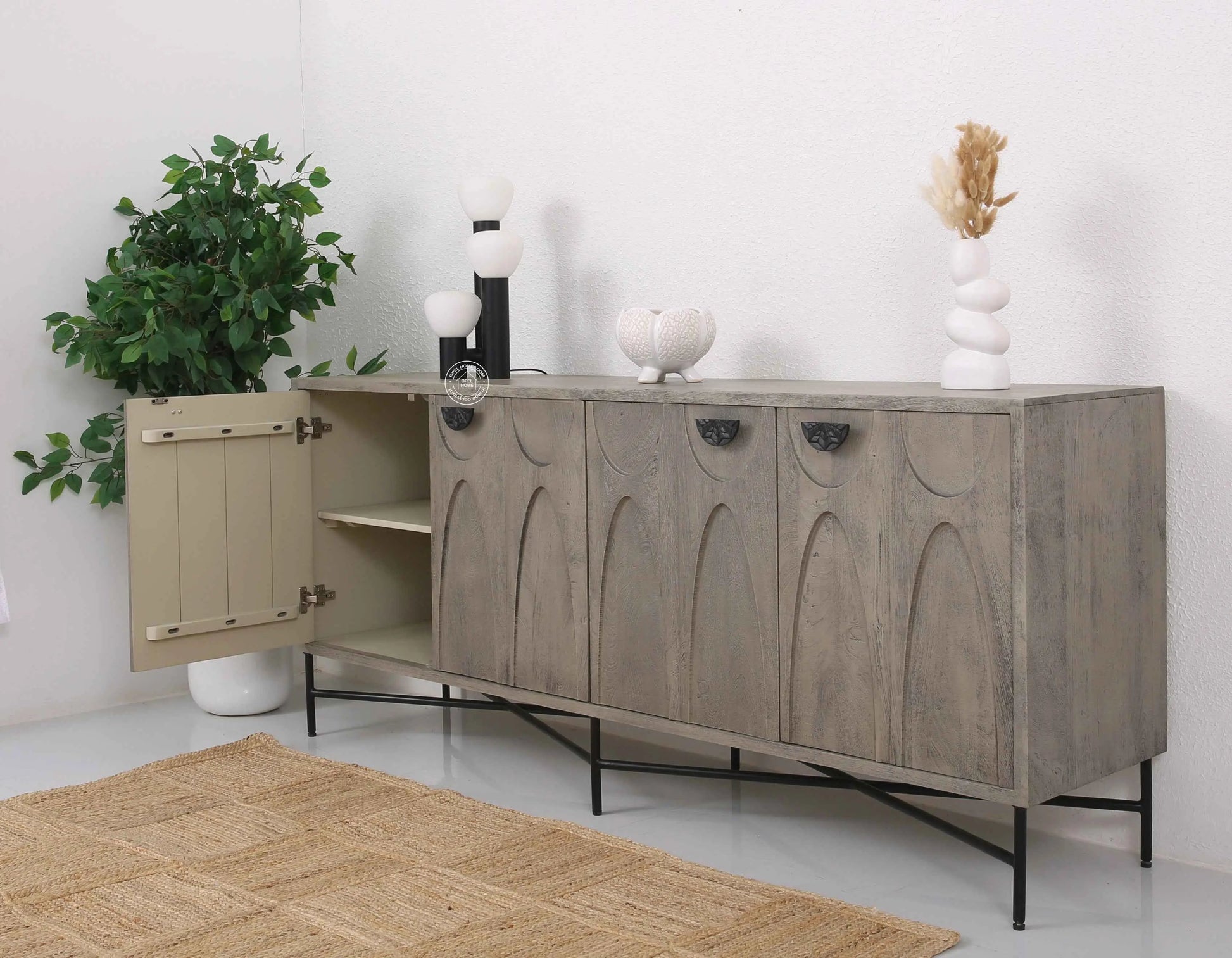 Jorell Wooden Sideboard – 4 Doors, Solid Mango Wood, Grey Finish | Opelhome UAE