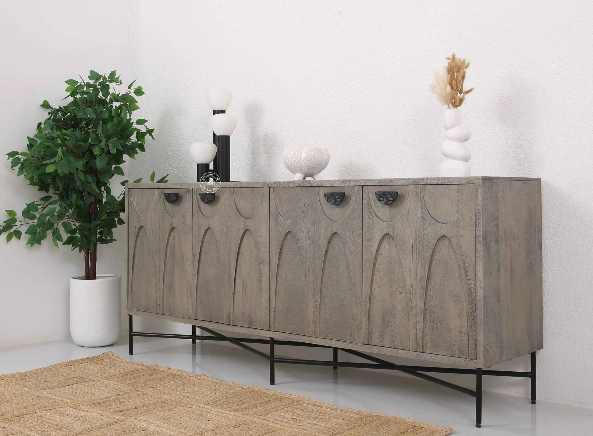 Jorell Wooden Sideboard – 4 Doors, Solid Mango Wood, Grey Finish | Opelhome UAE