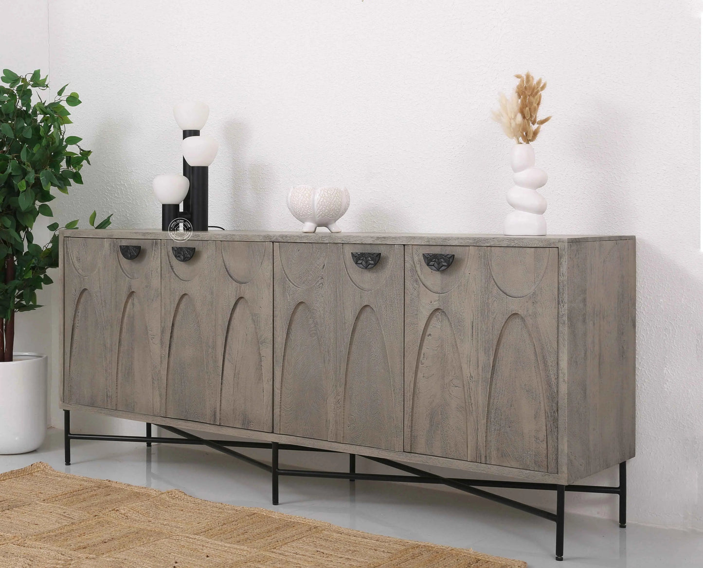 Jorell Wooden Sideboard – 4 Doors, Solid Mango Wood, Grey Finish | Opelhome UAE