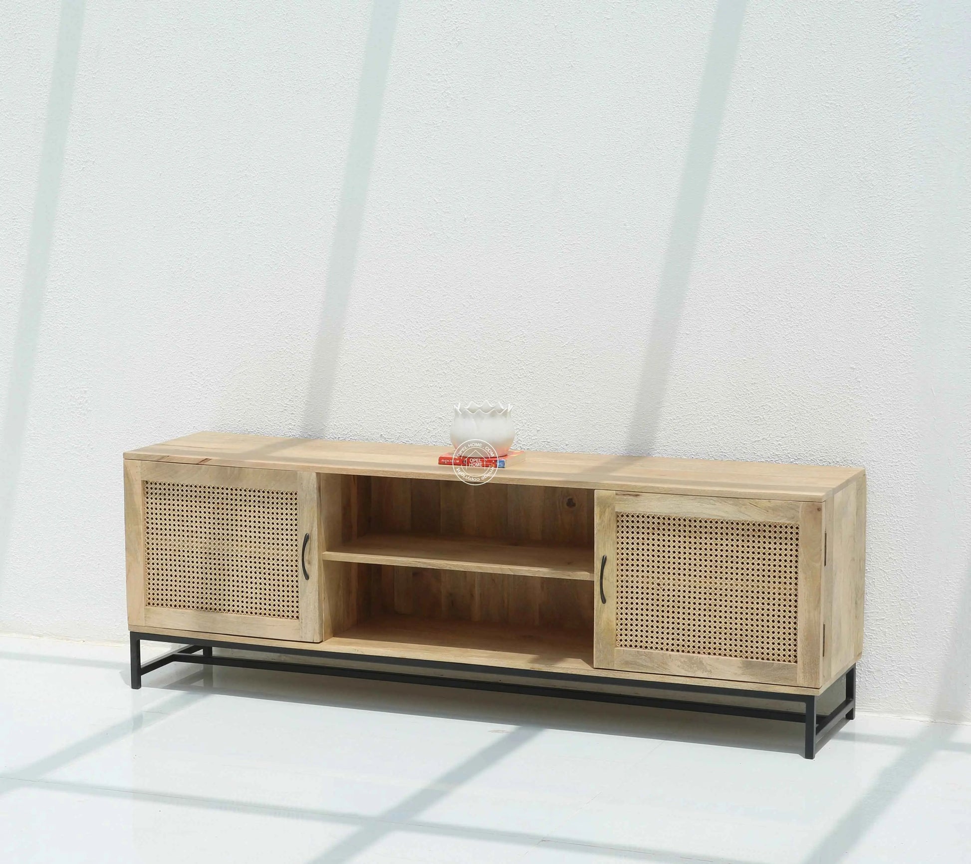 Justis Rattan Doors TV Unit – Solid Mango Wood, Natural Finish | Opelhome UAE