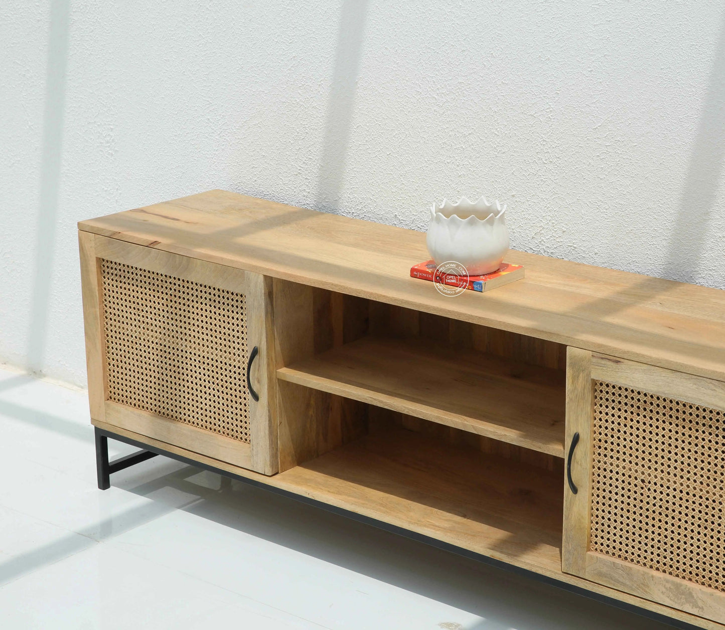 Justis Rattan Doors TV Unit – Solid Mango Wood, Natural Finish | Opelhome UAE