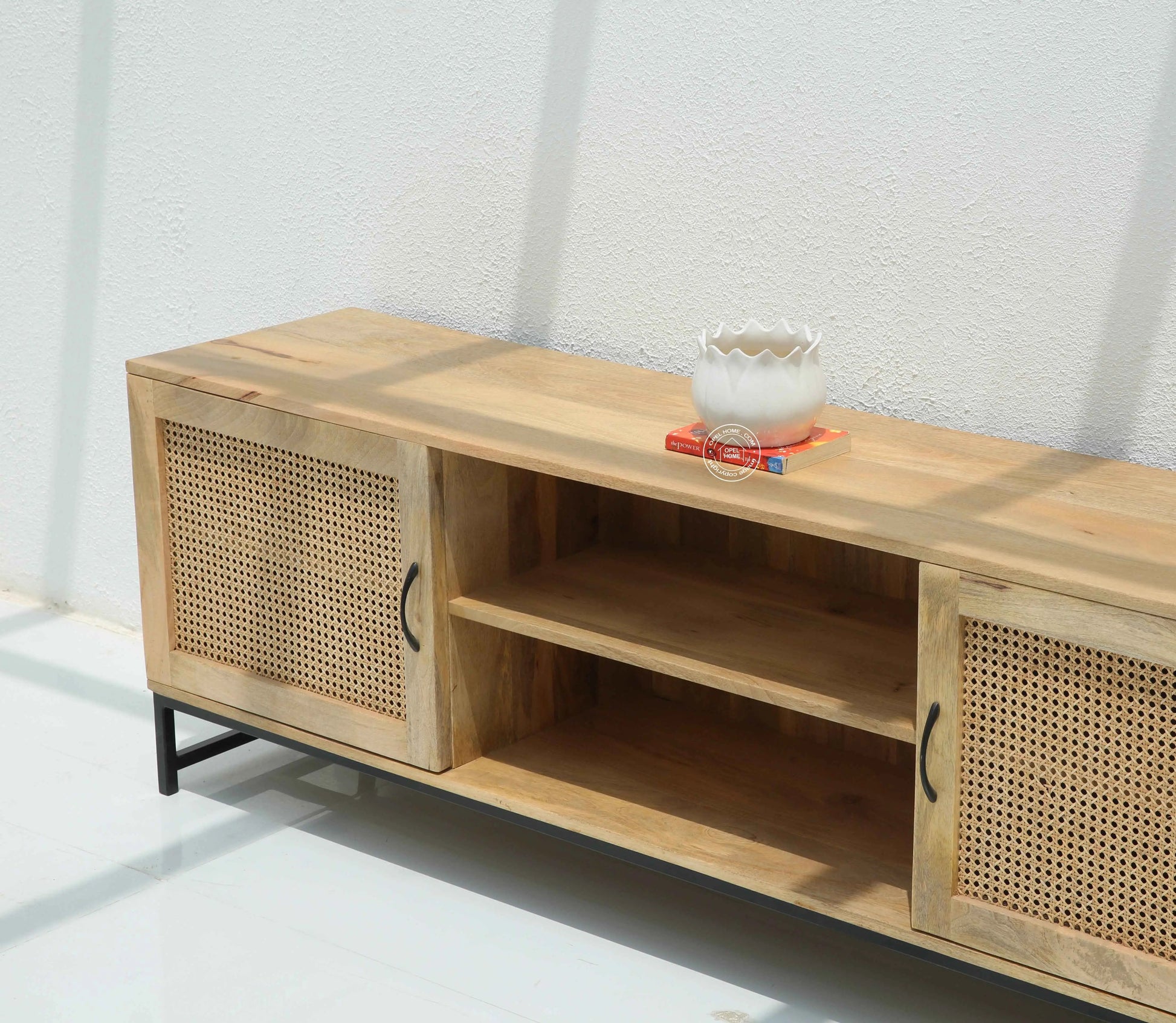 Justis Rattan Doors TV Unit – Solid Mango Wood, Natural Finish | Opelhome UAE