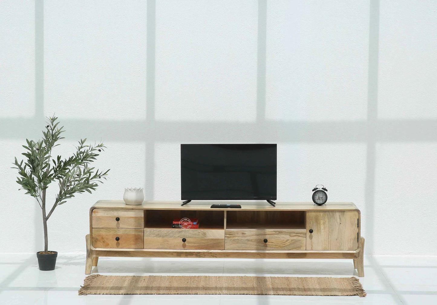 Keniel Wooden Media Unit – Solid Mango Wood, Natural Finish, Large TV Console | Opelhome UAE