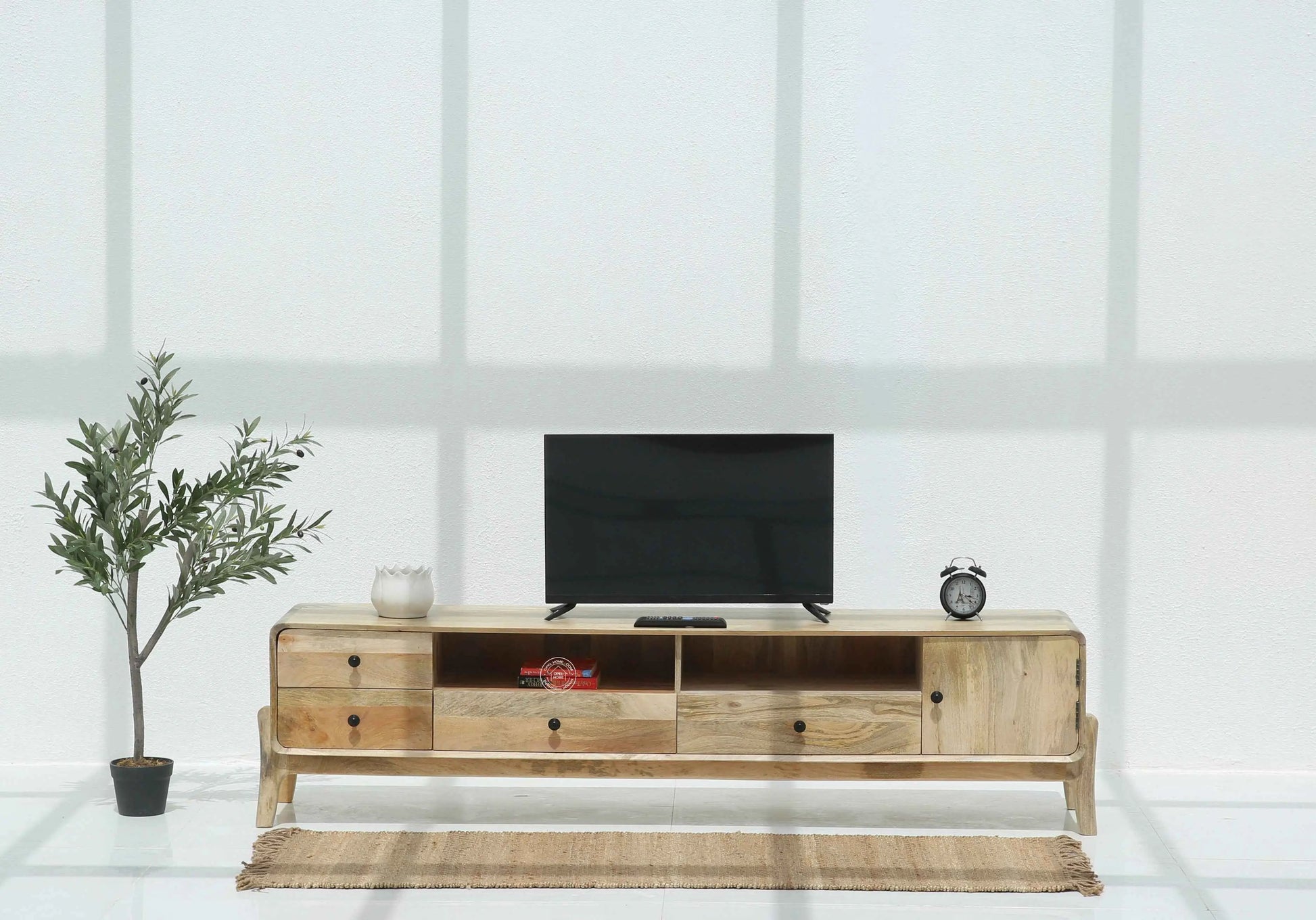 Keniel Wooden Media Unit – Solid Mango Wood, Natural Finish, Large TV Console | Opelhome UAE