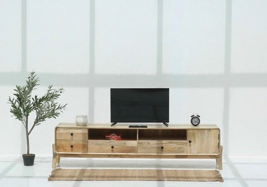 Keniel Wooden Media Unit – Solid Mango Wood, Natural Finish, Large TV Console | Opelhome UAE