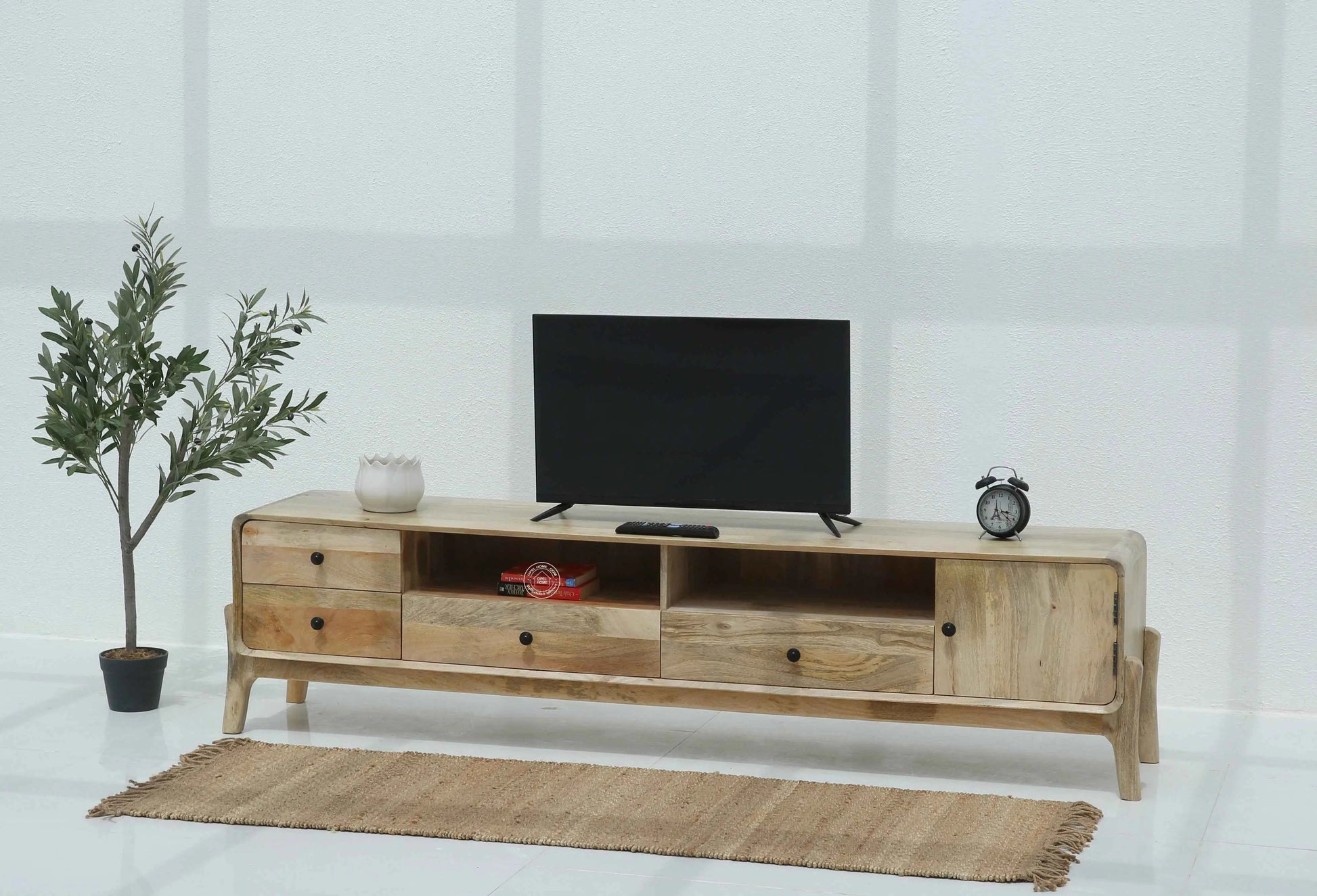 Keniel Wooden Media Unit – Solid Mango Wood, Natural Finish, Large TV Console | Opelhome UAE