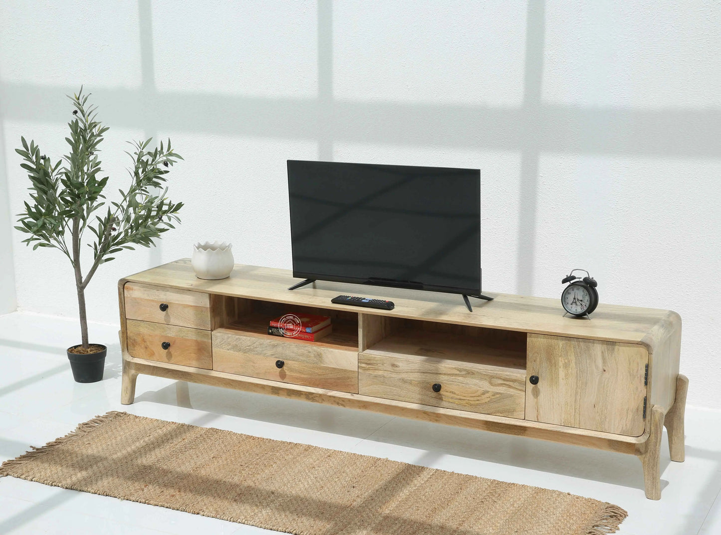 Keniel Wooden Media Unit – Solid Mango Wood, Natural Finish, Large TV Console | Opelhome UAE