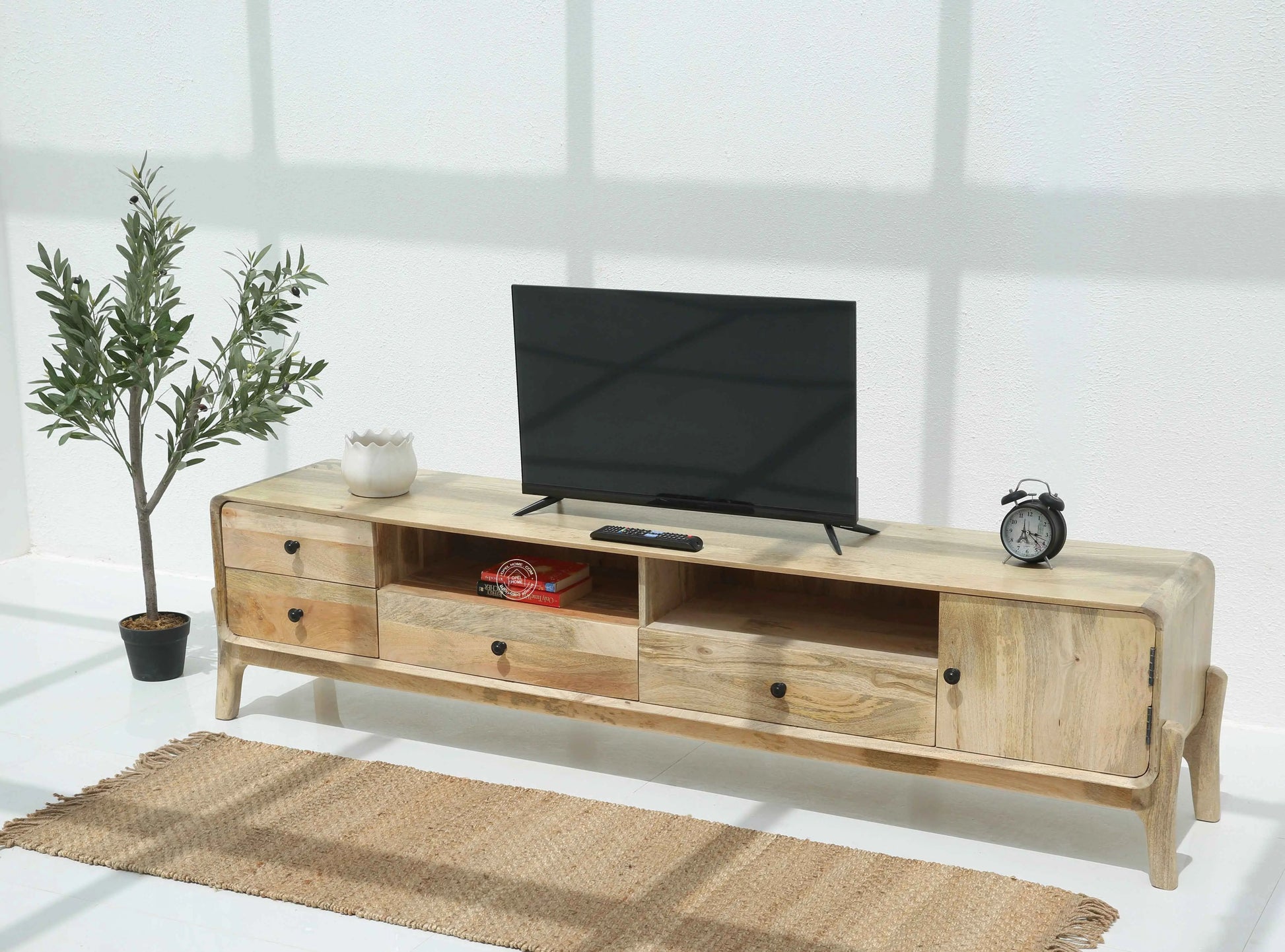 Keniel Wooden Media Unit – Solid Mango Wood, Natural Finish, Large TV Console | Opelhome UAE