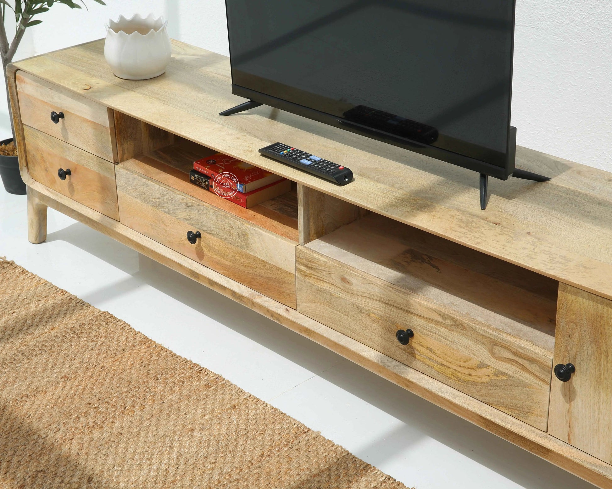 Keniel Wooden Media Unit – Solid Mango Wood, Natural Finish, Large TV Console | Opelhome UAE