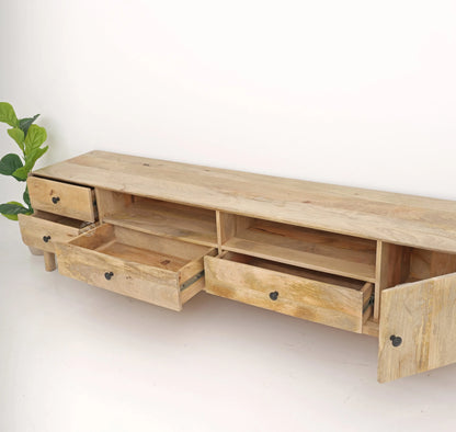 Keniel Wooden Media Unit – Solid Mango Wood, Natural Finish, Large TV Console | Opelhome UAE Opel Home
