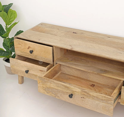 Keniel Wooden Media Unit – Solid Mango Wood, Natural Finish, Large TV Console | Opelhome UAE Opel Home