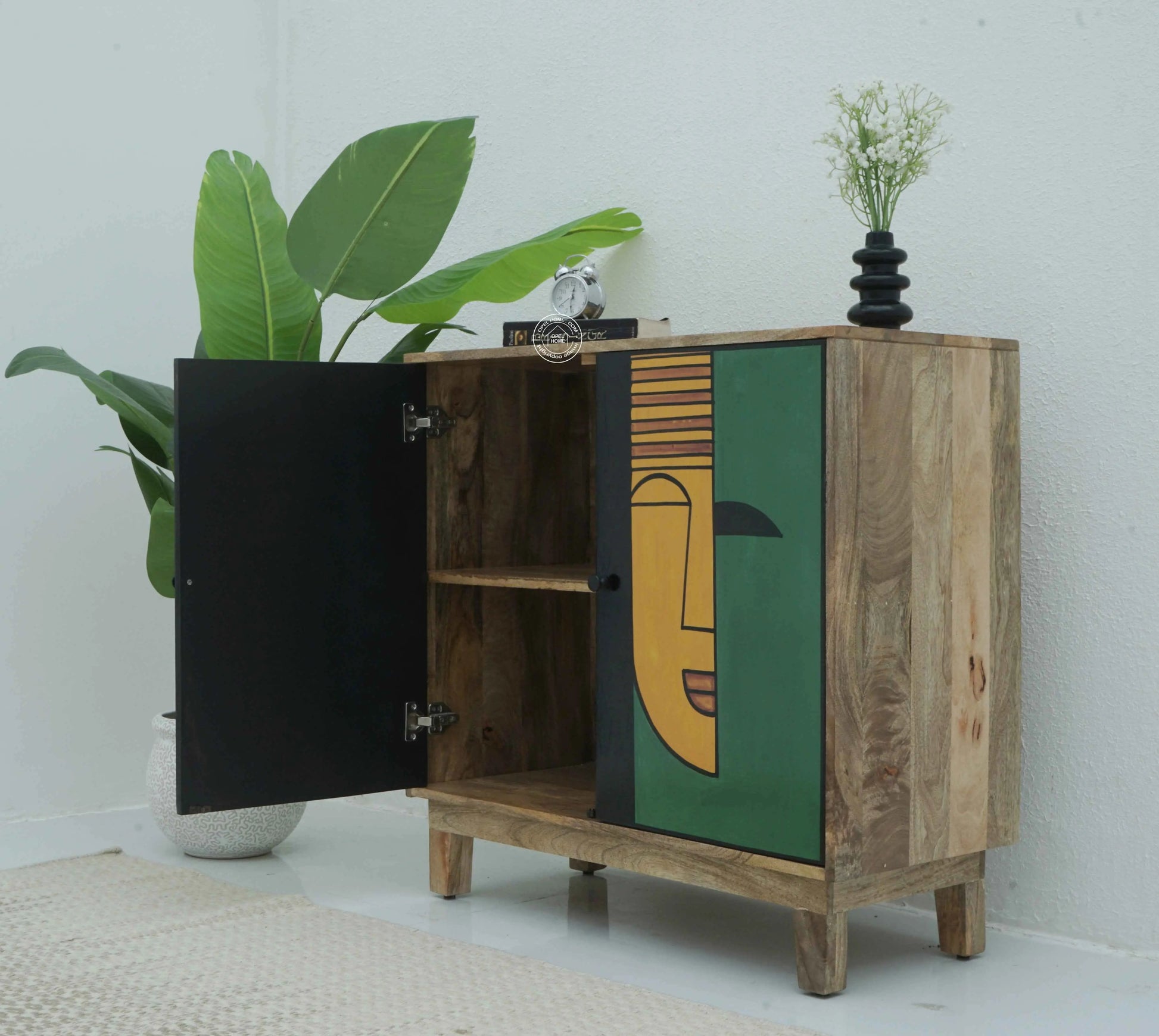 Layali Wooden Cabinet – 2 Doors, Hand-Painted Design, Solid Mango Wood | Opelhome UAE