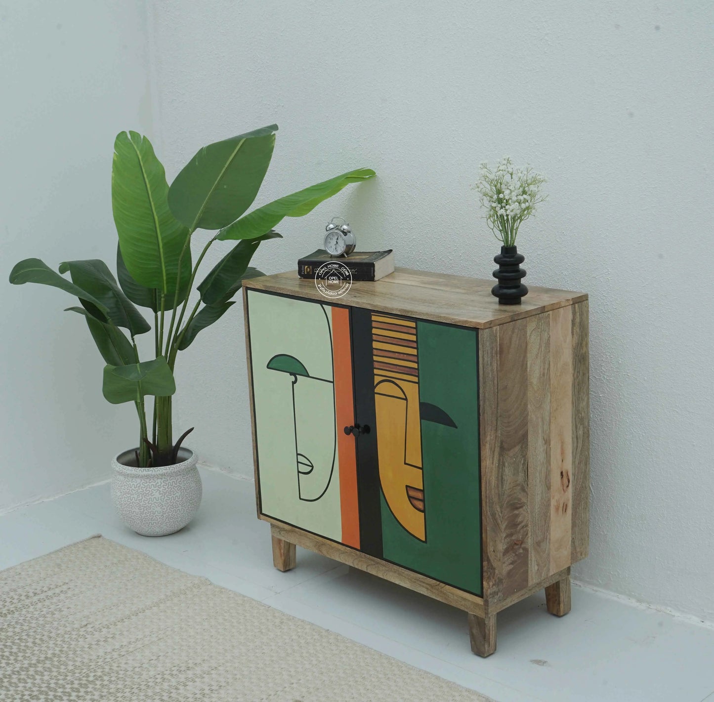 Layali Wooden Cabinet – 2 Doors, Hand-Painted Design, Solid Mango Wood | Opelhome UAE