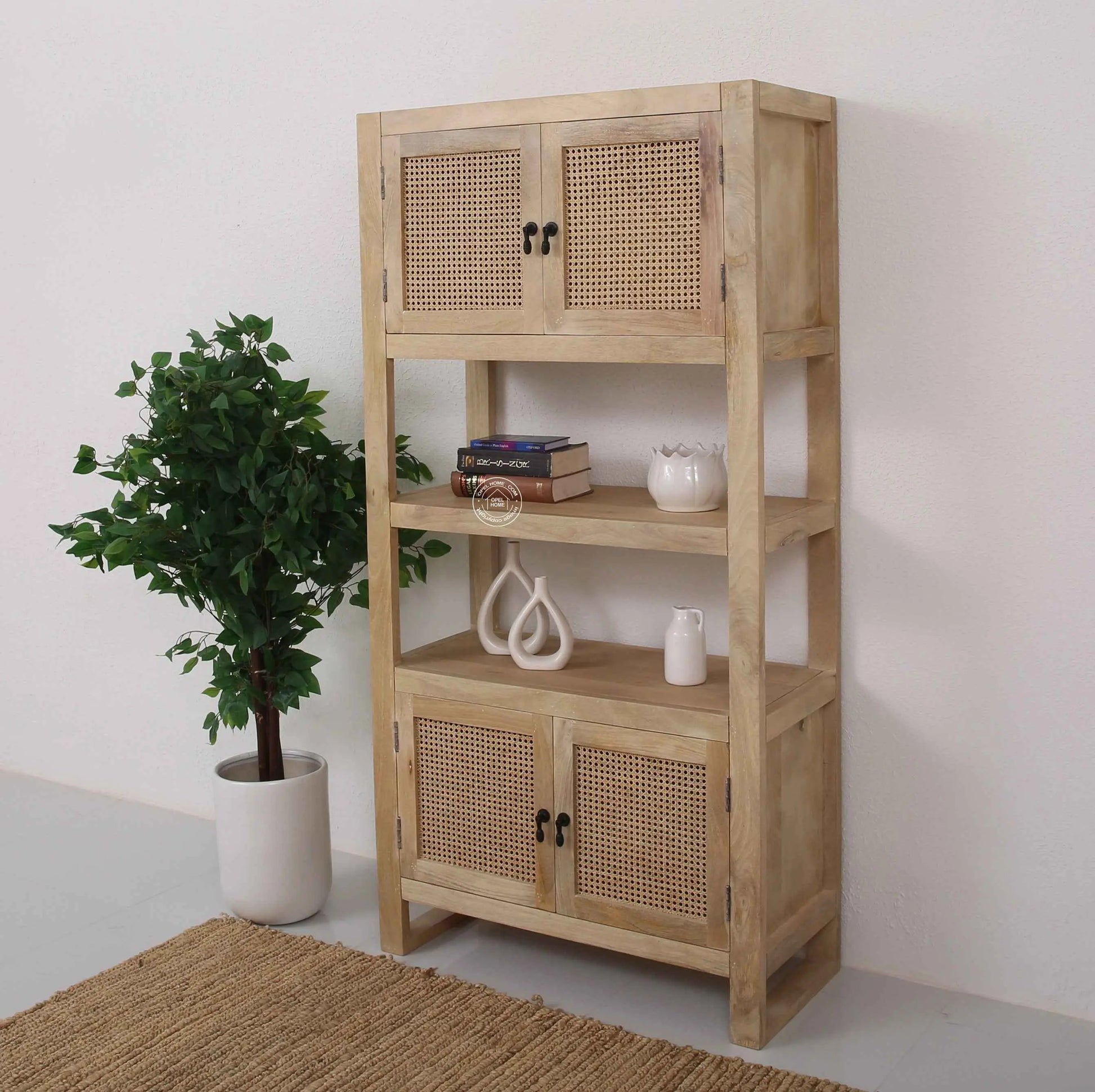 Lazy Rattan Display Cabinet – Solid Mango Wood, Natural Finish, Tall Storage | Opelhome UAE