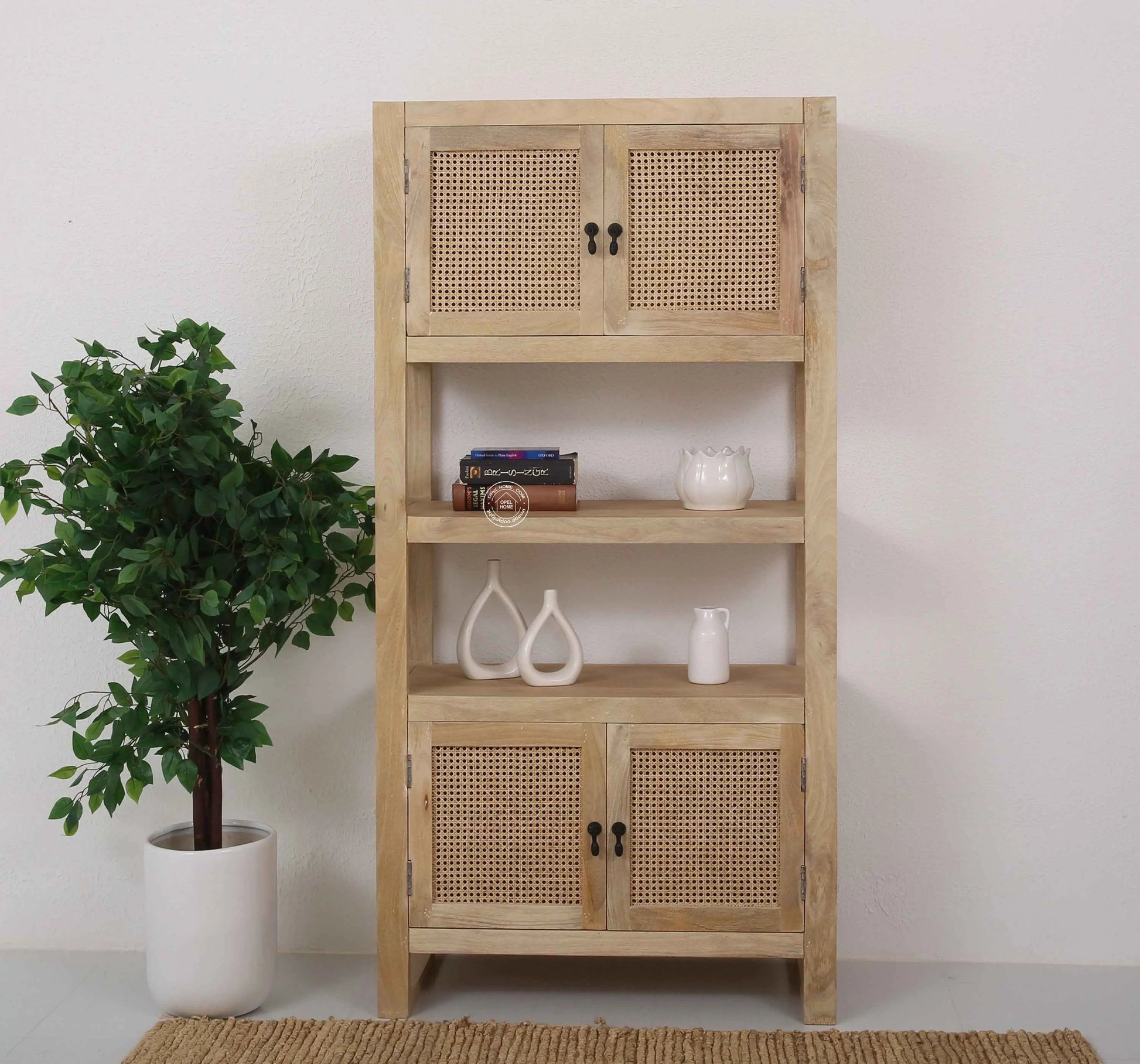 Lazy Rattan Display Cabinet – Solid Mango Wood, Natural Finish, Tall Storage | Opelhome UAE