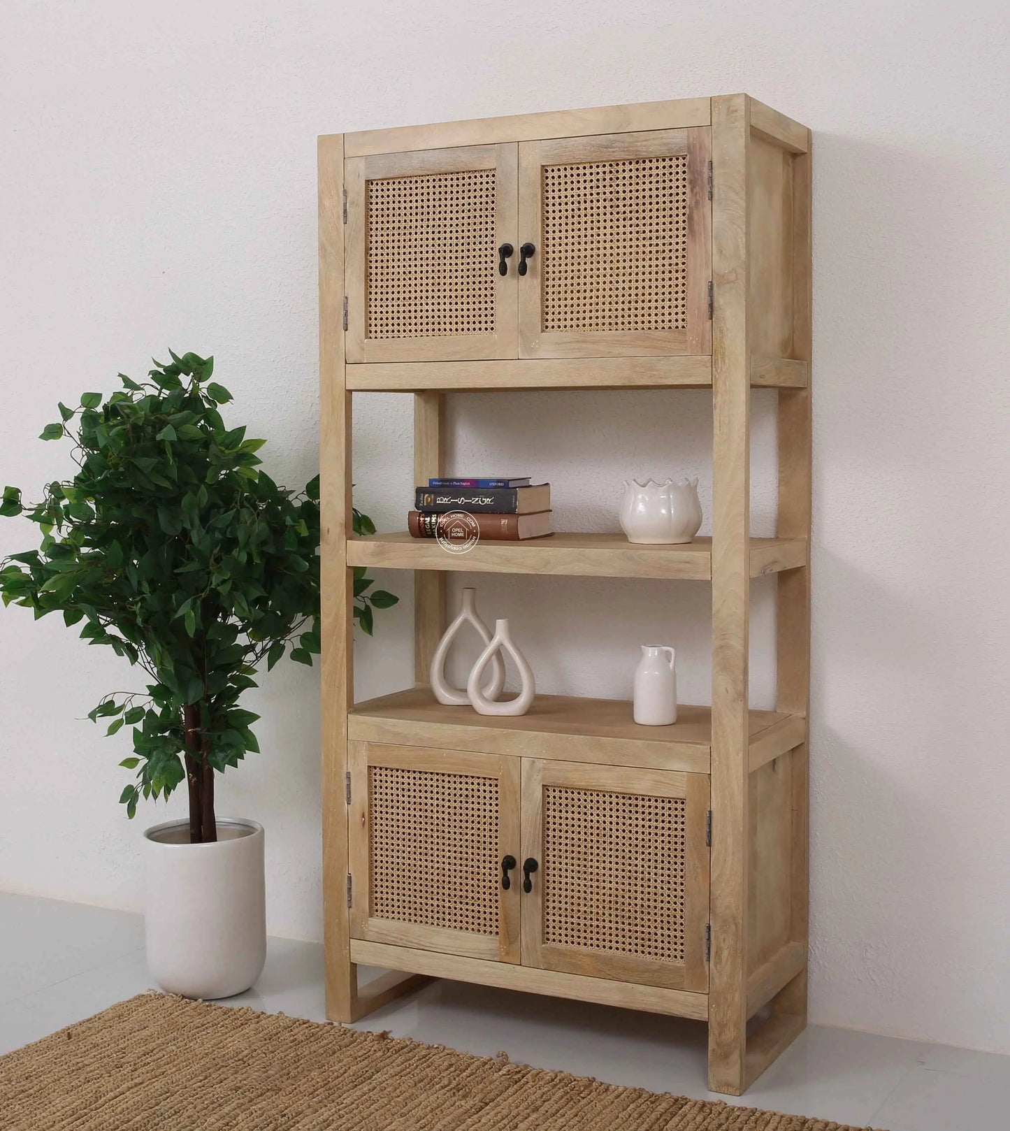 Lazy Rattan Display Cabinet – Solid Mango Wood, Natural Finish, Tall Storage | Opelhome UAE