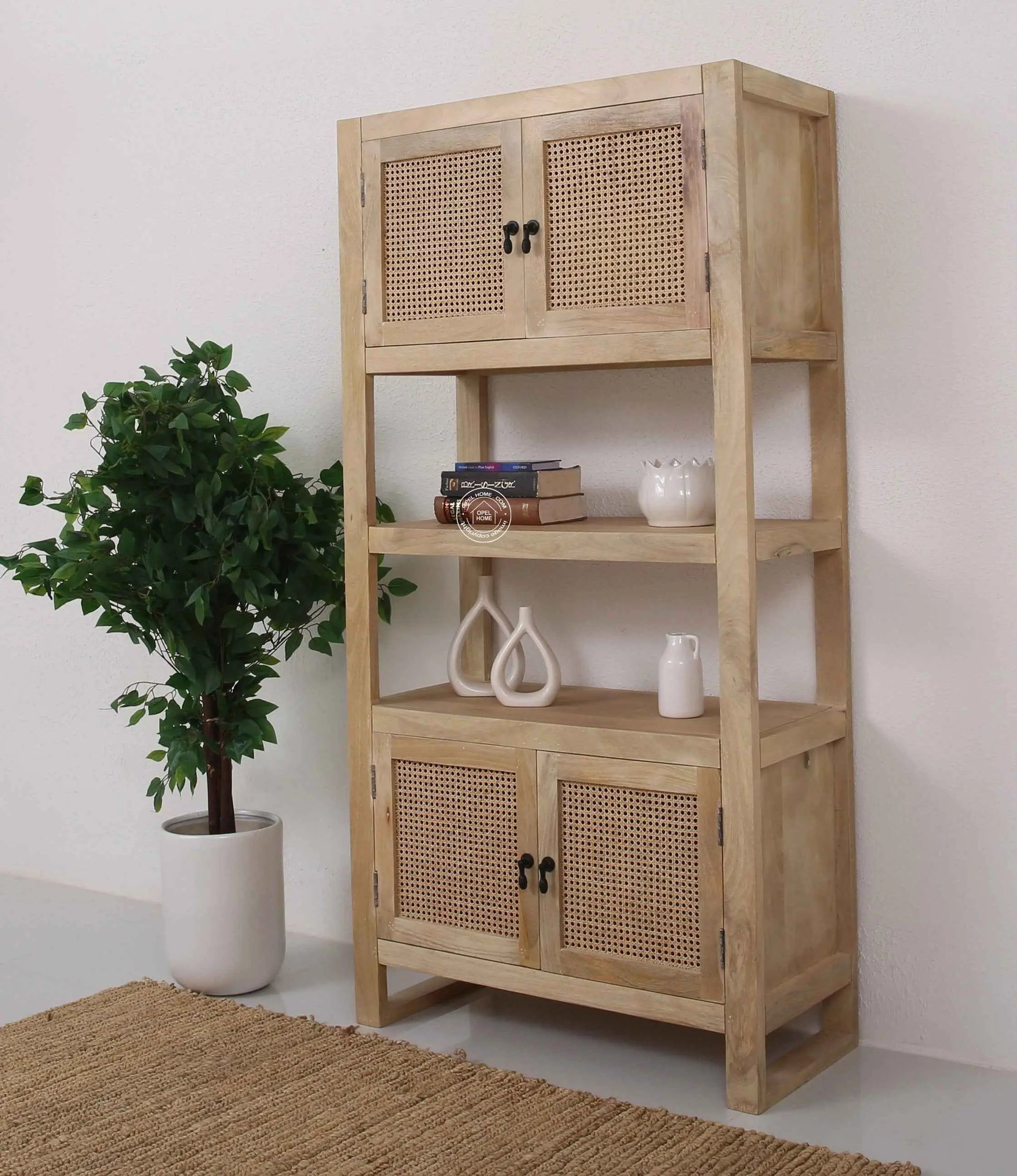 Lazy Rattan Display Cabinet – Solid Mango Wood, Natural Finish, Tall Storage | Opelhome UAE