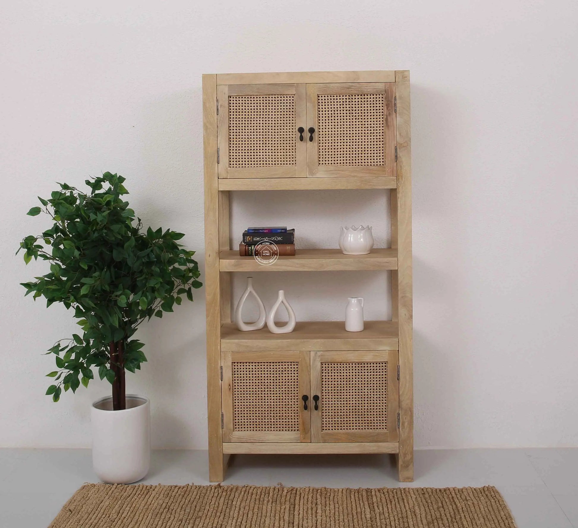 Lazy Rattan Display Cabinet – Solid Mango Wood, Natural Finish, Tall Storage | Opelhome UAE
