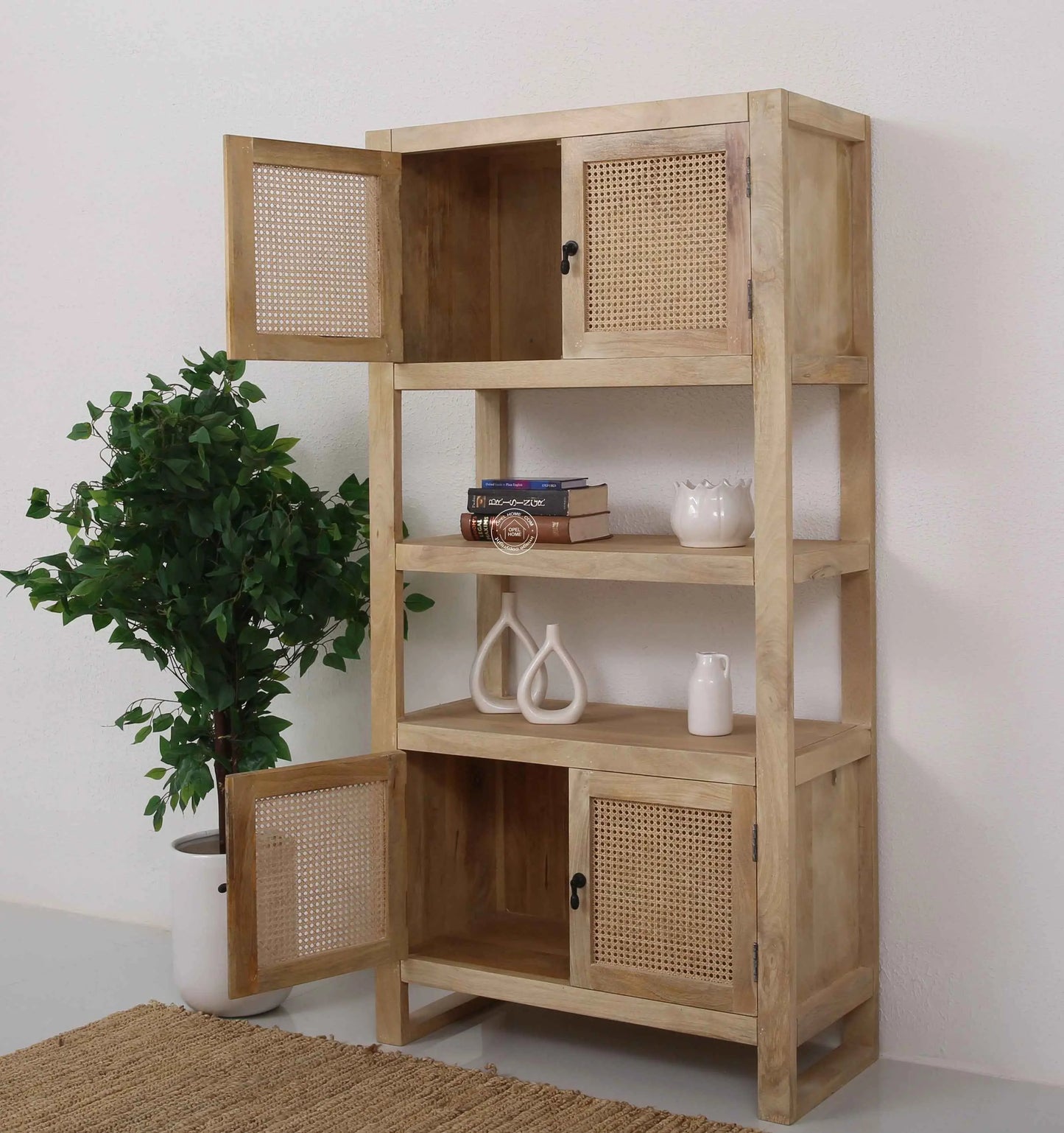 Lazy Rattan Display Cabinet – Solid Mango Wood, Natural Finish, Tall Storage | Opelhome UAE