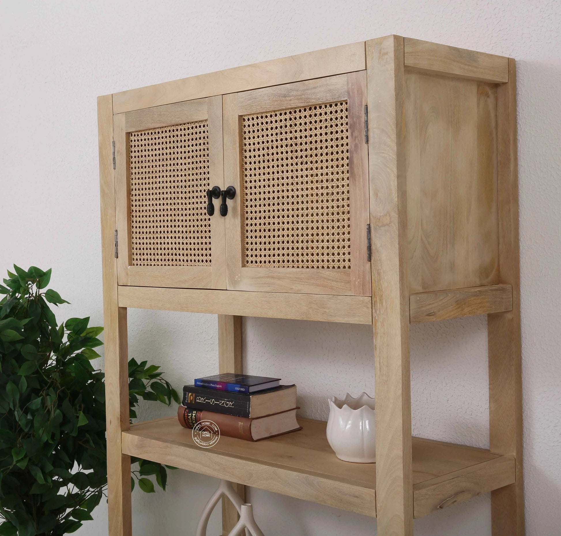 Lazy Rattan Display Cabinet – Solid Mango Wood, Natural Finish, Tall Storage | Opelhome UAE