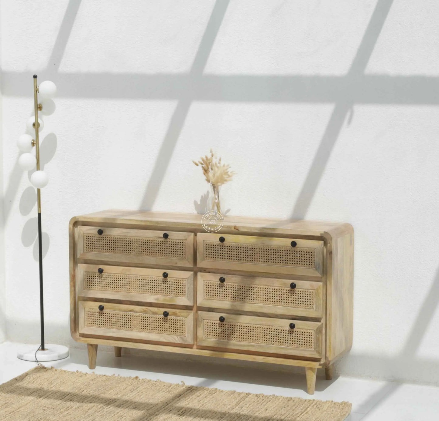 Limestone Rattan Chest of Drawers – 6 Drawers, Solid Mango Wood, Carved Design | Opelhome UAE