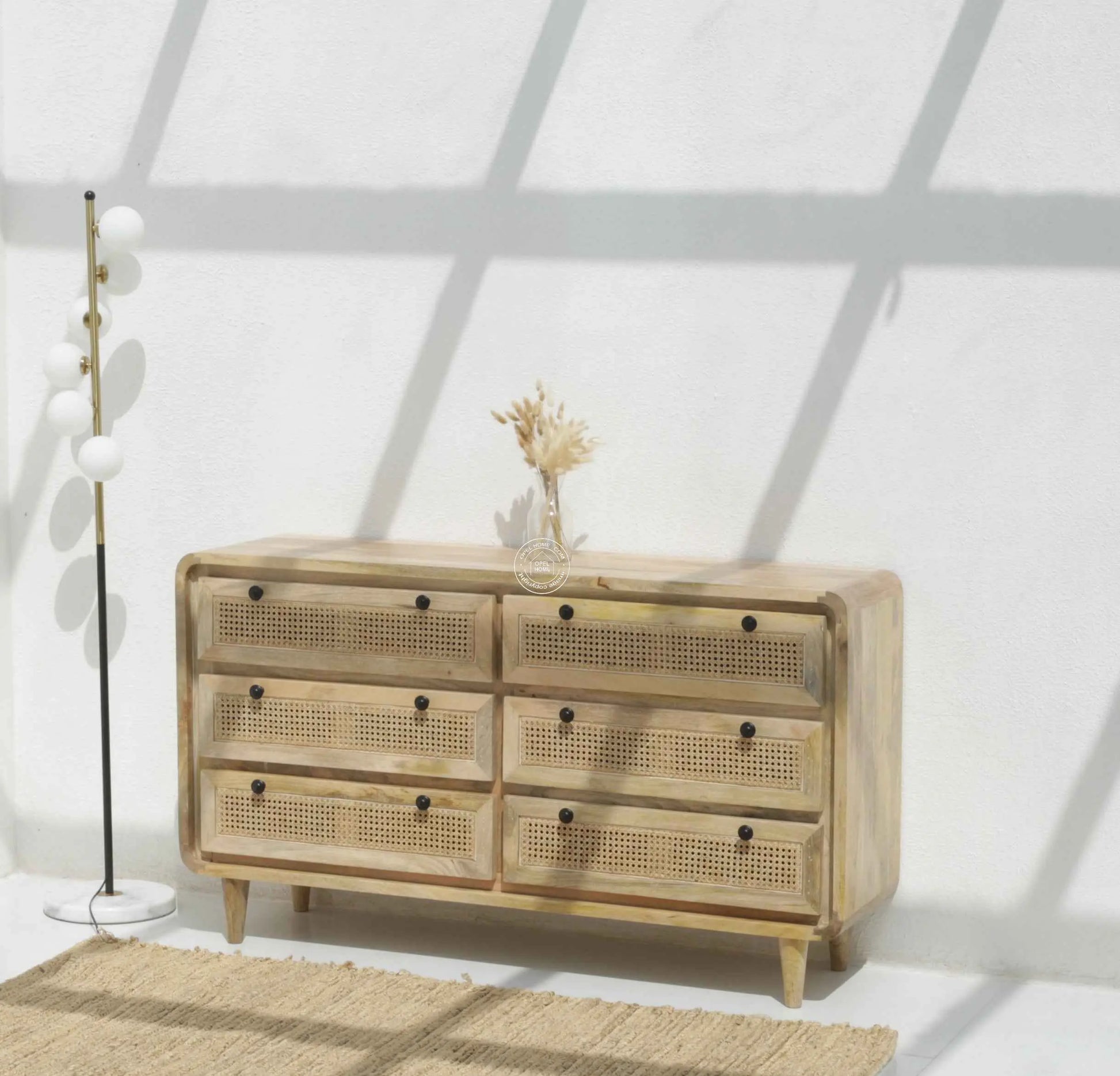 Limestone Rattan Chest of Drawers – 6 Drawers, Solid Mango Wood, Carved Design | Opelhome UAE