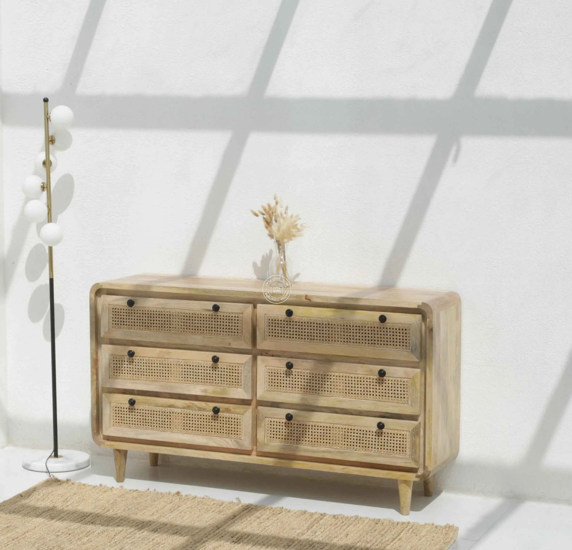 Limestone Rattan Chest of Drawers – 6 Drawers, Solid Mango Wood, Carved Design | Opelhome UAE