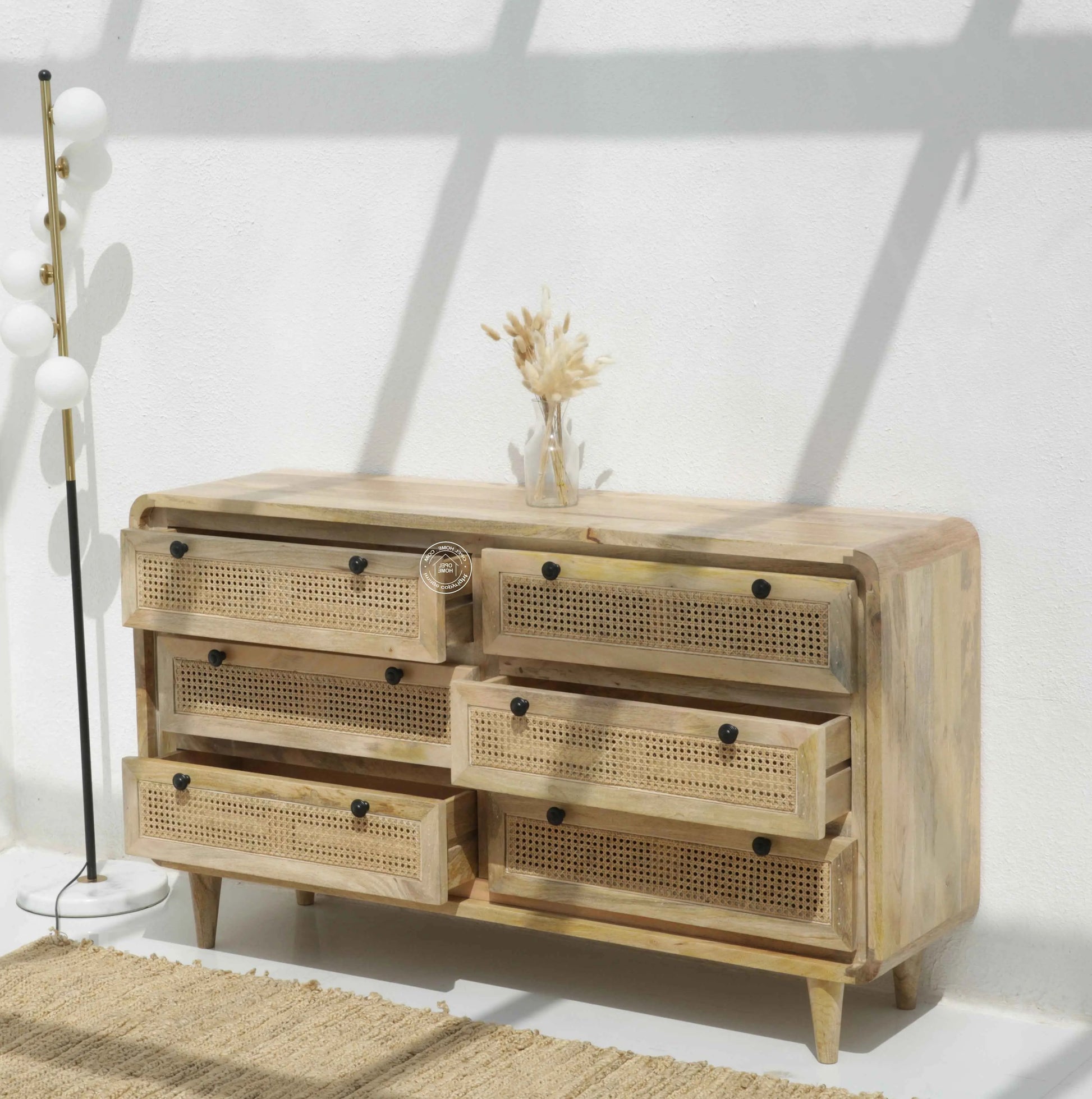 Limestone Rattan Chest of Drawers – 6 Drawers, Solid Mango Wood, Carved Design | Opelhome UAE