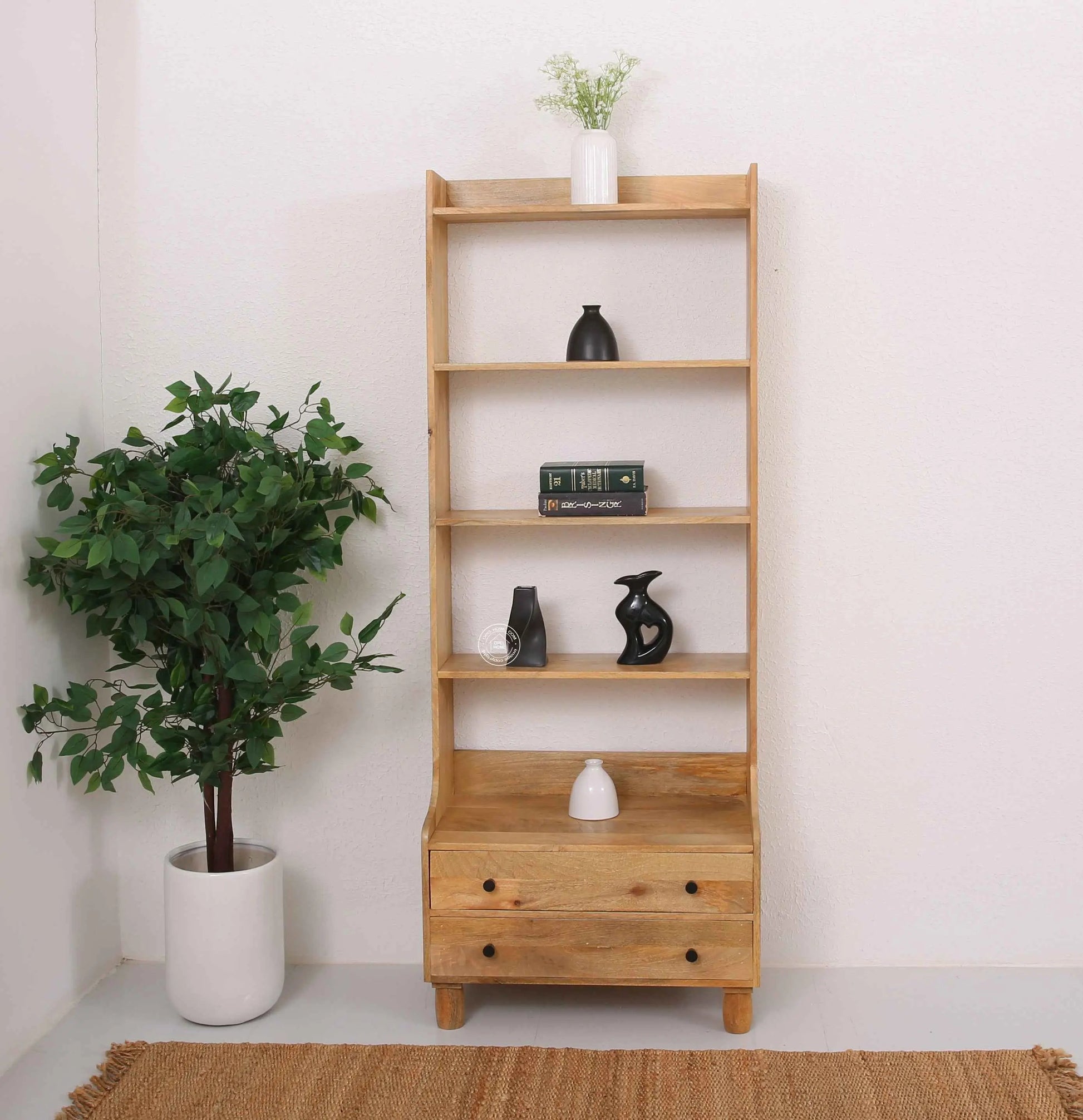 Lister Wooden Bookcase – Drawer, Solid Wood, Natural Finish, Tall Shelving | Opelhome UAE