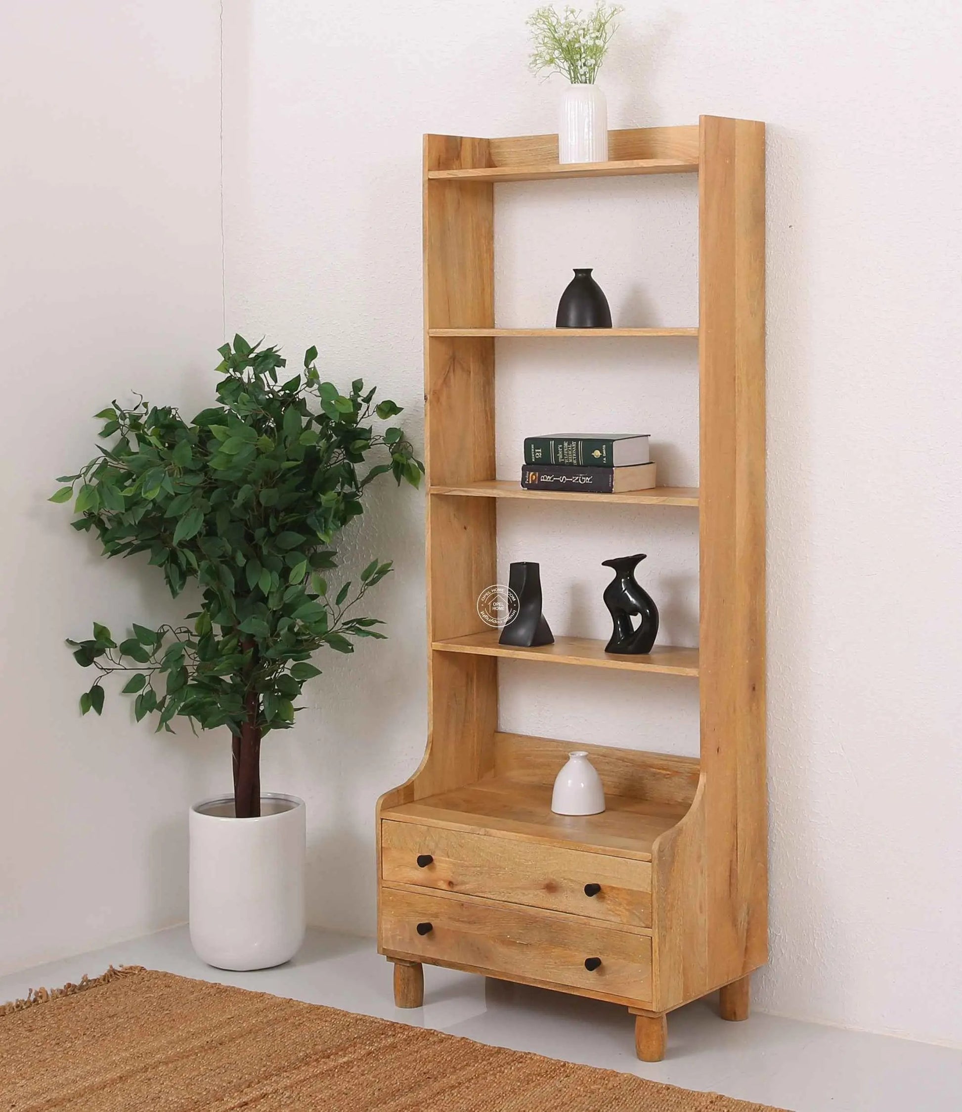 Lister Wooden Bookcase – Drawer, Solid Wood, Natural Finish, Tall Shelving | Opelhome UAE