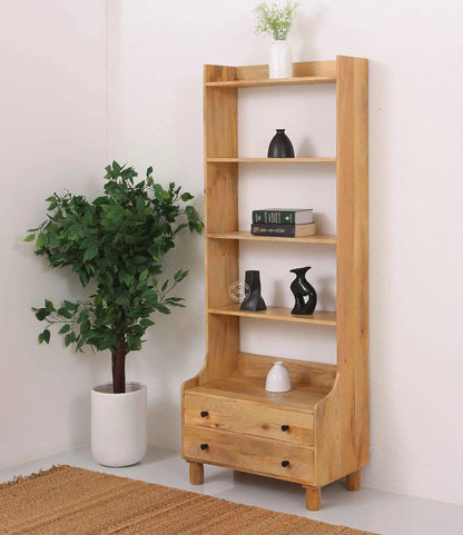Lister Wooden Bookcase – Drawer, Solid Wood, Natural Finish, Tall Shelving | Opelhome UAE