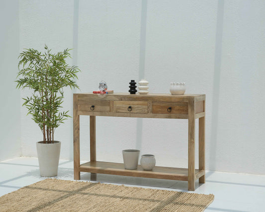 Loma Wooden Console Table – 3 Drawers, Solid Mango Wood, Natural Finish | Opelhome UAE