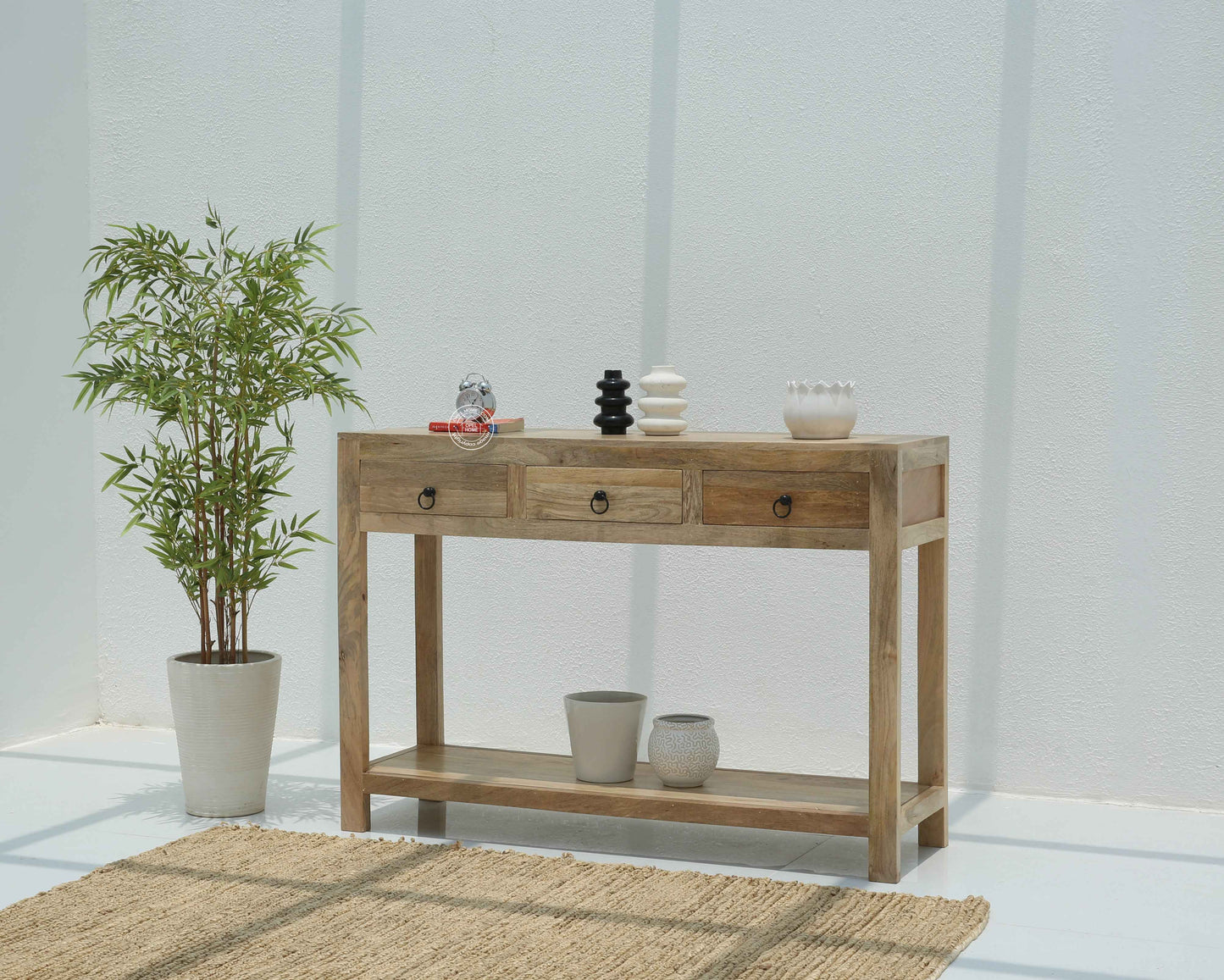Loma Wooden Console Table – 3 Drawers, Solid Mango Wood, Natural Finish | Opelhome UAE