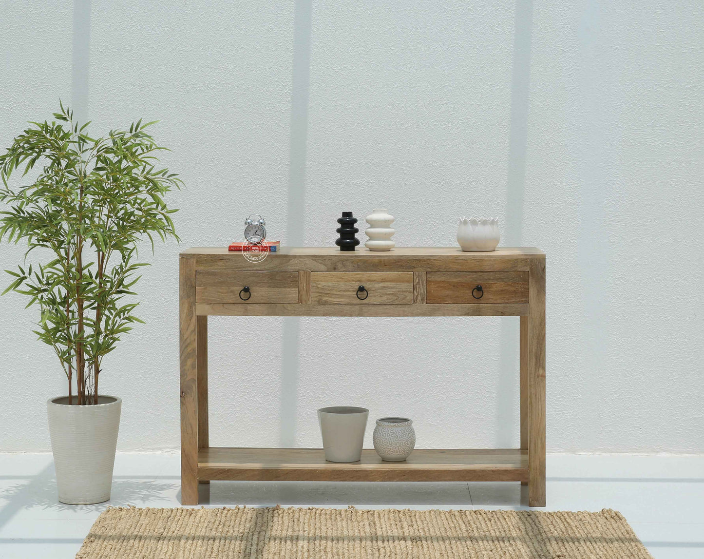 Loma Wooden Console Table – 3 Drawers, Solid Mango Wood, Natural Finish | Opelhome UAE