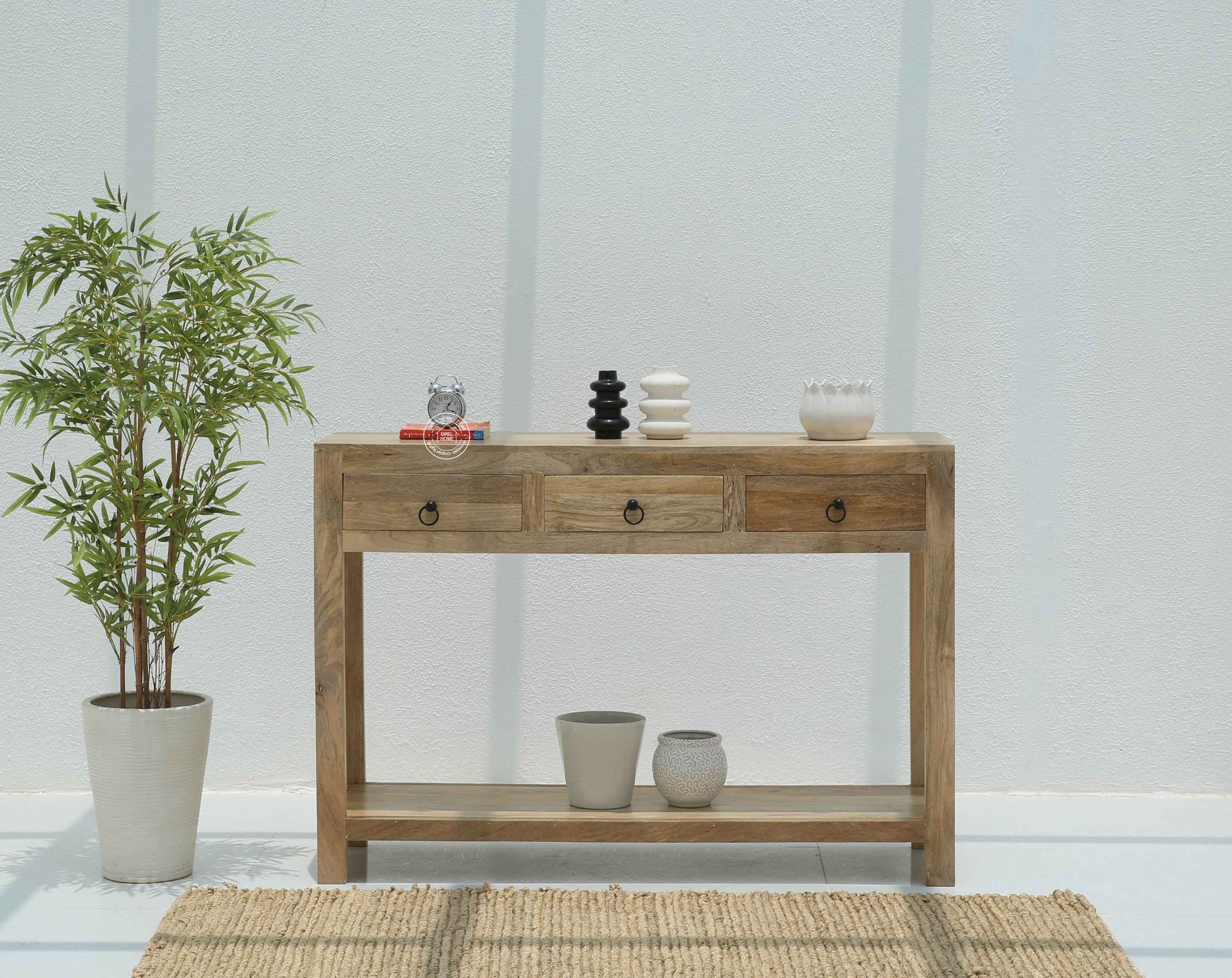 Loma Wooden Console Table – 3 Drawers, Solid Mango Wood, Natural Finish | Opelhome UAE