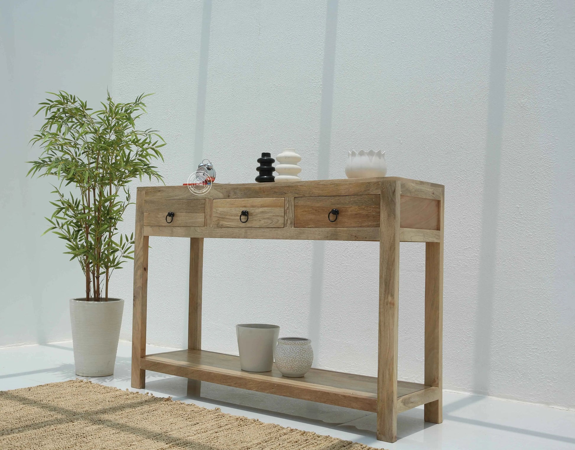 Loma Wooden Console Table – 3 Drawers, Solid Mango Wood, Natural Finish | Opelhome UAE