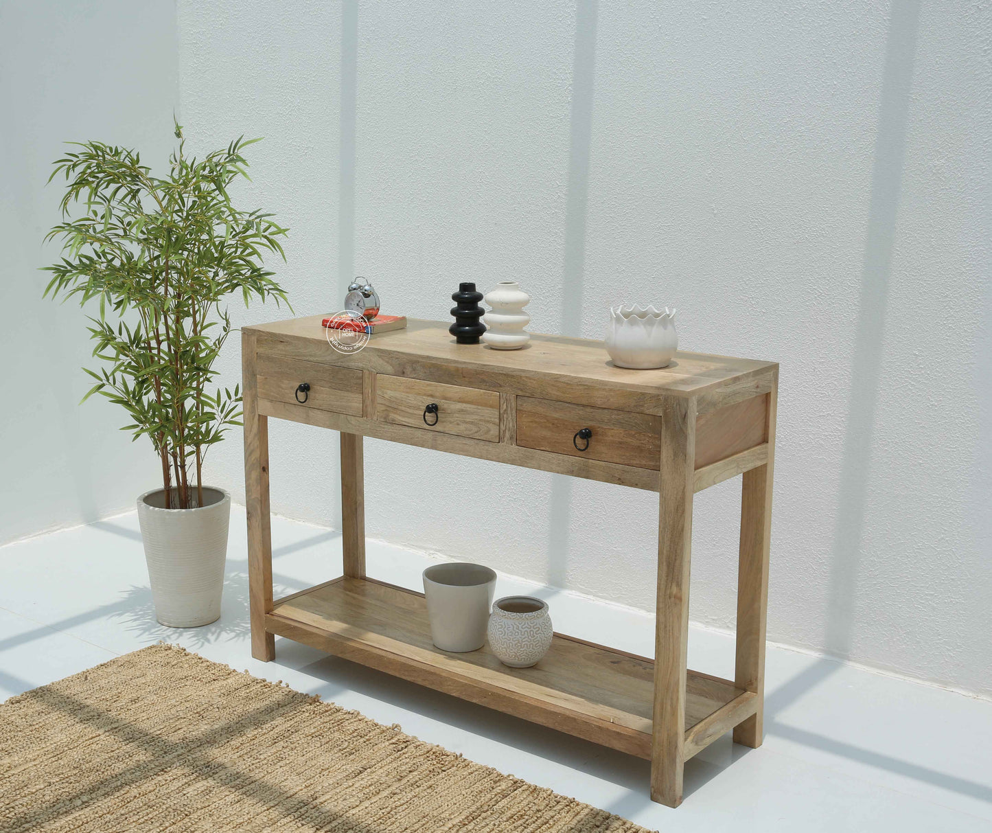 Loma Wooden Console Table – 3 Drawers, Solid Mango Wood, Natural Finish | Opelhome UAE