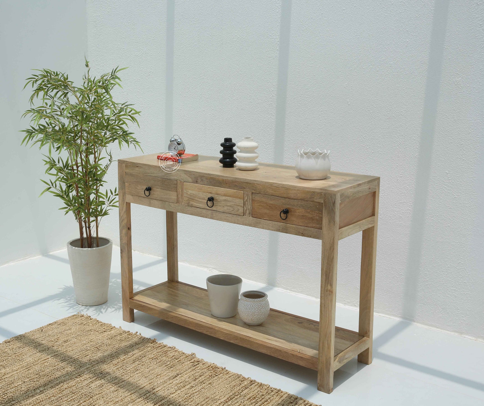 Loma Wooden Console Table – 3 Drawers, Solid Mango Wood, Natural Finish | Opelhome UAE