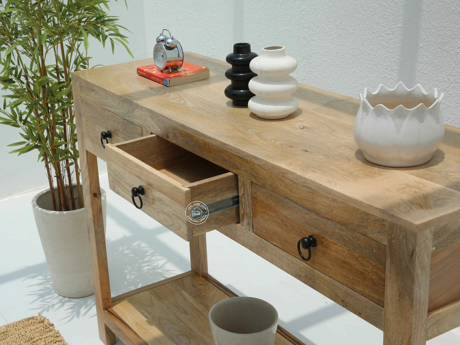 Loma Wooden Console Table – 3 Drawers, Solid Mango Wood, Natural Finish | Opelhome UAE