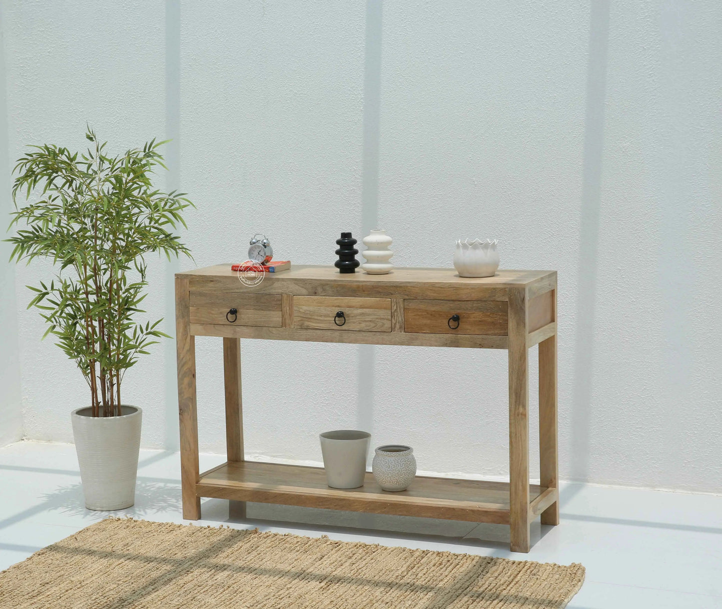Loma Wooden Console Table – 3 Drawers, Solid Mango Wood, Natural Finish | Opelhome UAE