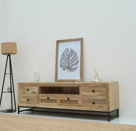 Lorven Six Drawers Rattan TV Unit – Solid Mango Wood, Natural Finish | Opelhome UAE