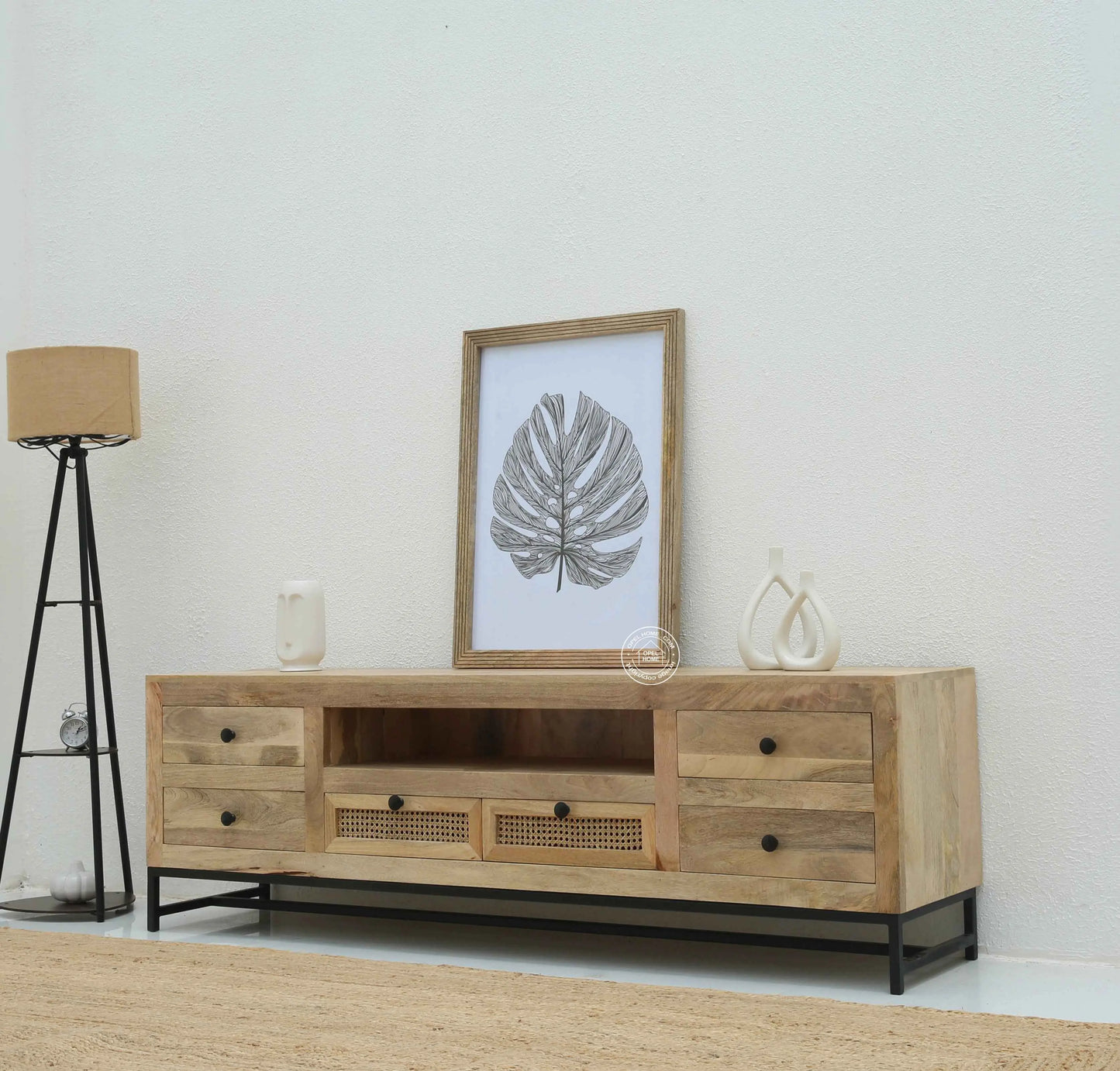 Lorven Six Drawers Rattan TV Unit – Solid Mango Wood, Natural Finish | Opelhome UAE
